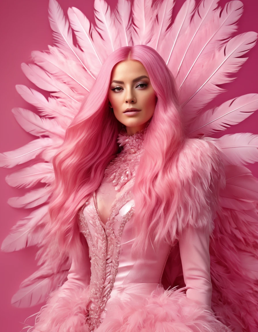 pretty woman with long pink hair and in pink dress on pink background, in the style of made of feathers, futuristic victorian, collage-like layering, focus stacking, layered forms, textured fabrics, oversized objects.real human and hair, music video, youtube, screenshot , behind view , ultrarealistic, detailed" "female, fashion,full photo