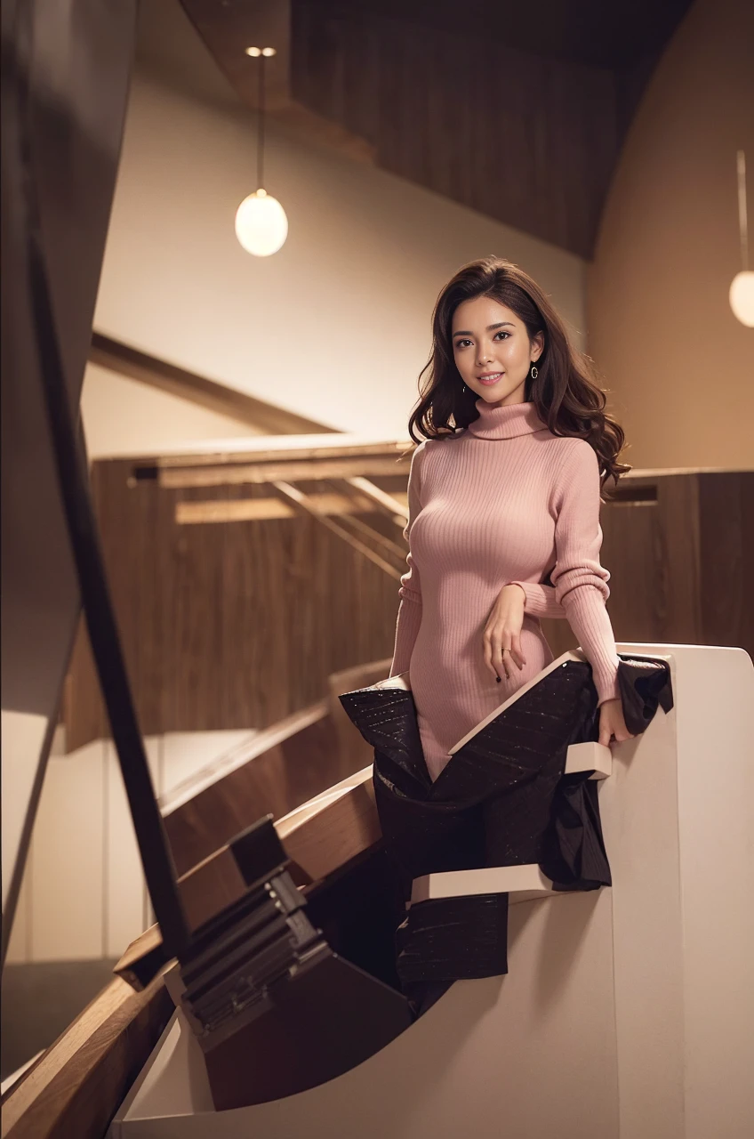((top-quality、8K、masterpiece:1.3)), The middle part of the body, long legged, sharp focus:1.2, Beautiful woman in hijab with perfect body shape:1.4, Slender Abs:1.1, The background is a stylish café, ((short-cut、Big Tits:1.2)), (She is wearing a fluffy light pink turtleneck sweater dress with an open neckline, The cleavage is round and open, Colossal breasts that are about to burst off the button, Slender and toned hips, Smiling at the camera:1.2), Highly detailed facial and skin texture, A detailed eye, double eyelid, a 25yo woman, Mature woman, Laughing, Show legs, Open legs, Random pose,