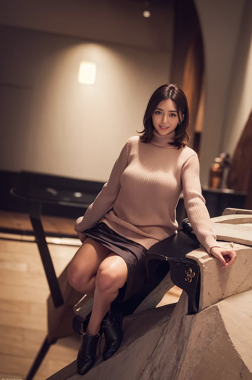 ((top-quality、8K、masterpiece:1.3)), The middle part of the body, long legged, sharp focus:1.2, Beautiful woman in hijab with perfect body shape:1.4, Slender Abs:1.1, The background is a stylish café, ((short-cut、Big Tits:1.2)), (She is wearing a fluffy light pink turtleneck sweater dress with an open neckline, The cleavage is round and open, Colossal breasts that are about to burst off the button, Slender and toned hips, Smiling at the camera:1.2), Highly detailed facial and skin texture, A detailed eye, double eyelid, a 25yo woman, Mature woman, Laughing, Show legs, Open legs, Random pose,