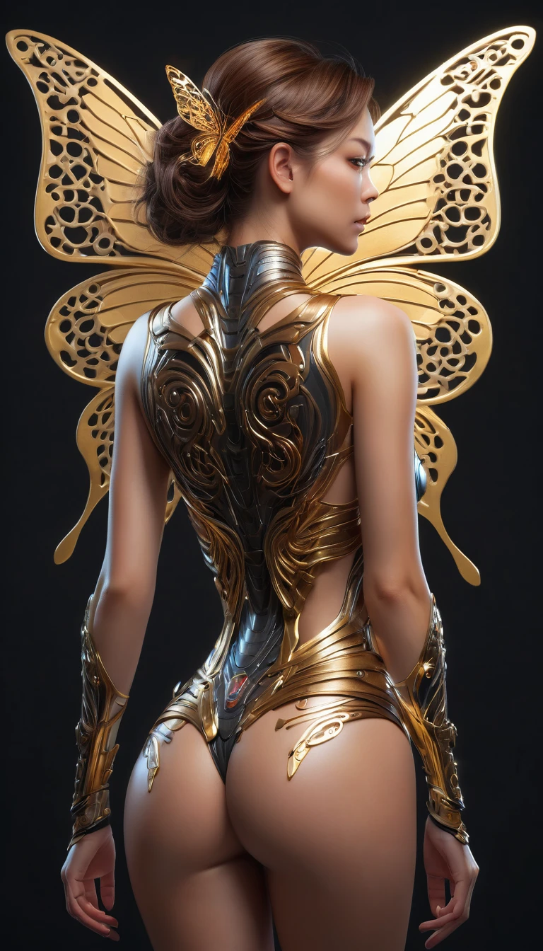 full body shot from behind showing wings attached to a beautiful back of the cyborg with brown hair, intricate, elegant, highly detailed, majestic, digital photography, wings attached to the back, art by artgerm and ruan jia and greg rutkowski surreal painting gold butterfly filigree, broken gsterpiece, sidelighting, finely detailed beautiful nightmare:1.2), hdr, god rays, ray tracing, Realism, best quality, 16k, highres, textured skin, super detail, shot from behind.