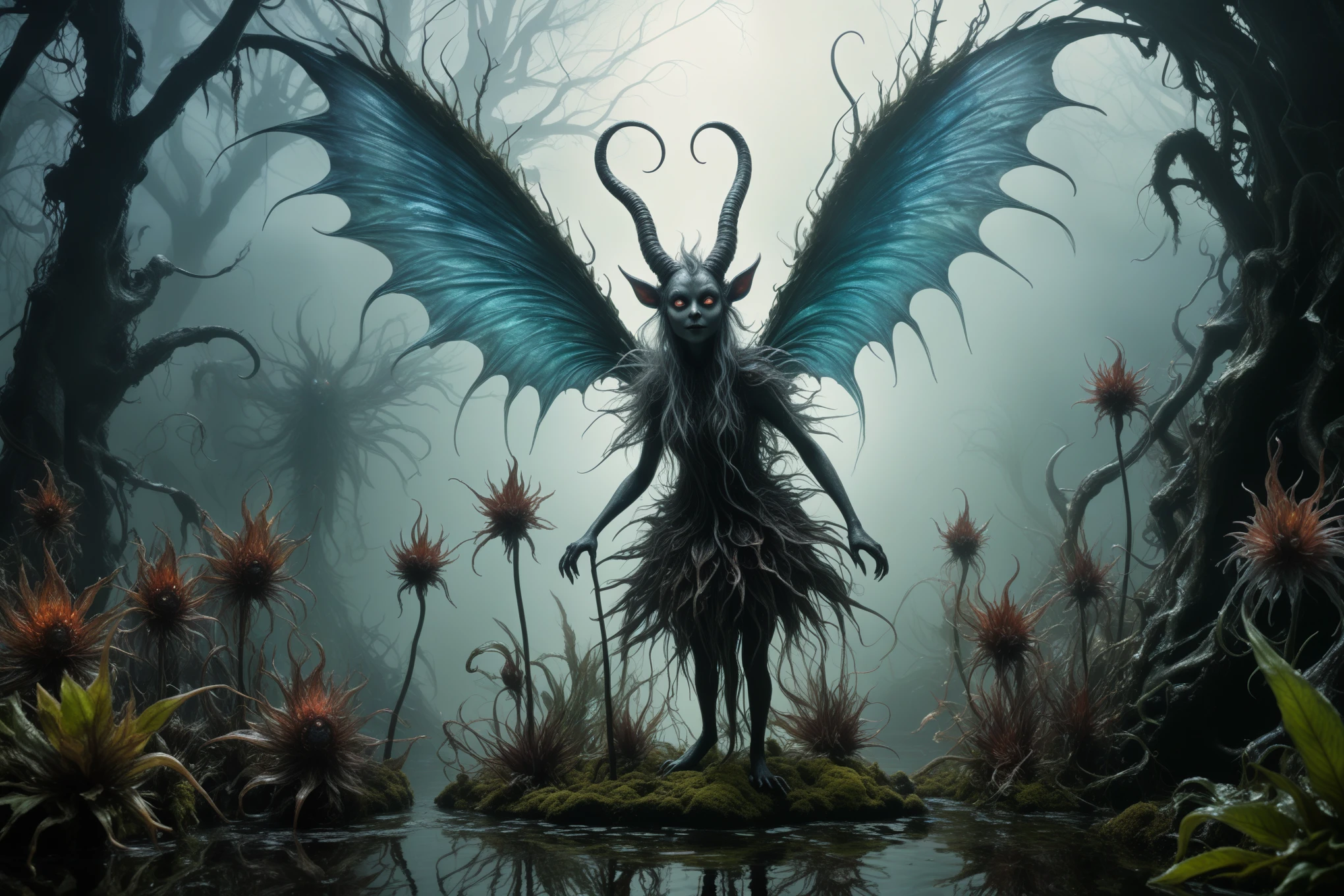 a graphite copper plant Krampus ,made of dead plants,a girl made of plants of Silent Hill, atmosphere with backlit,forest city chinesse pixie,A charming and fascinating creature with otherworldly forms that blend the best aspects of the monster human form and the innocent charm of a precocious , once pretty, wings, (best quality: 1.4), (masterpiece: 1.2), detailed, complex, high resolution, iridescent colors, texture, complex, gorgeous, 3D, highly detailed, (Professional photography, extremely detailed),Tim Burton, Dale Chihuly, Bruce Zheng, extremely detailed, high detailed eyes,8k resolution,RAW,retina, Nikon Z9,Nicola Samori, Sergey Zabelin,Aerith Gainsborough,pale demon woman , a foggy marsh on background, horror movie, cinematic look, creepy aesthetic, ultra detailed, photorealistic, masterpiece.