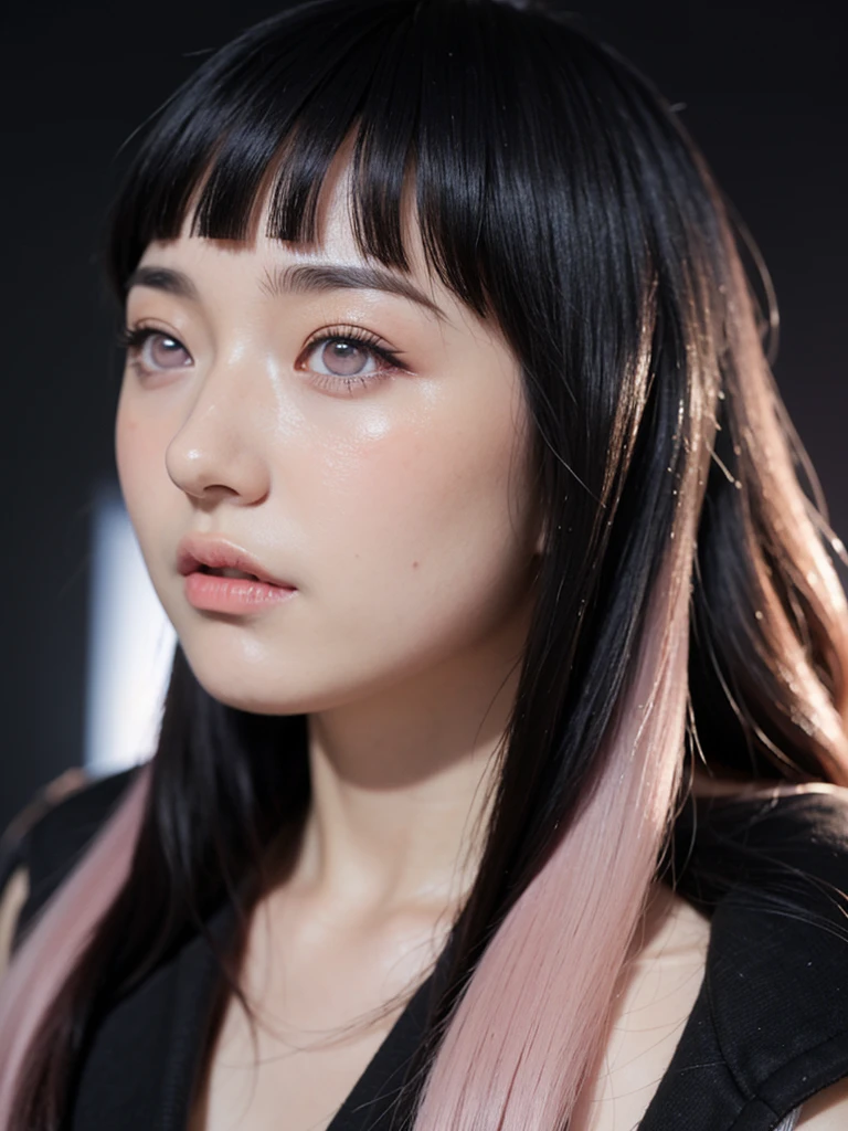 ((best quality)), ((masterpiece)), (detailed), perfect face, face shoot, dynamic lighting, ((hinata uzumaki)), (((pink long hair)), ahegao face, orgasme face, studio black background, beautiful make up,