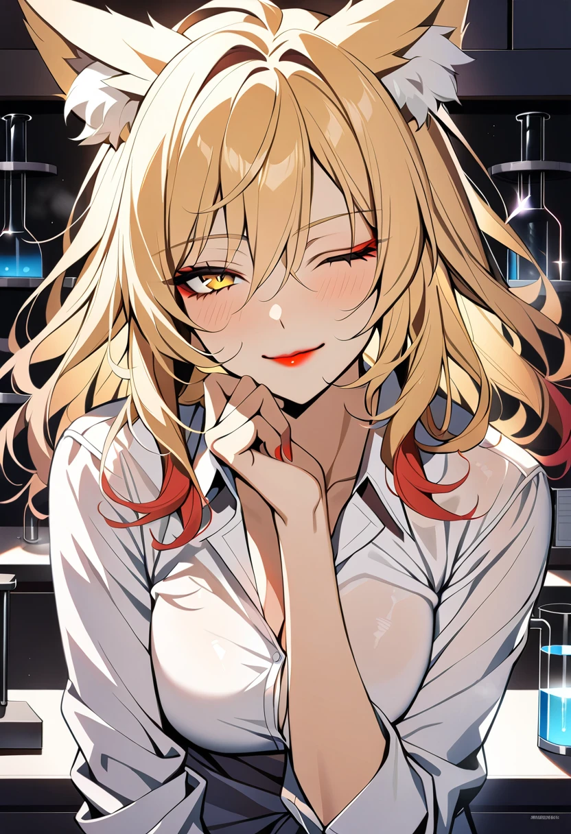 1woman, 30 years old,solo, medium hair,disheveled hair,messy hair,fox ears,blonde hair, yellow eyes, upper body, white shirt, red lipstick, ???????, looking at viewer, seductive smile, one eye closed, hand on own chin , laboratory, masterpiece, best quality