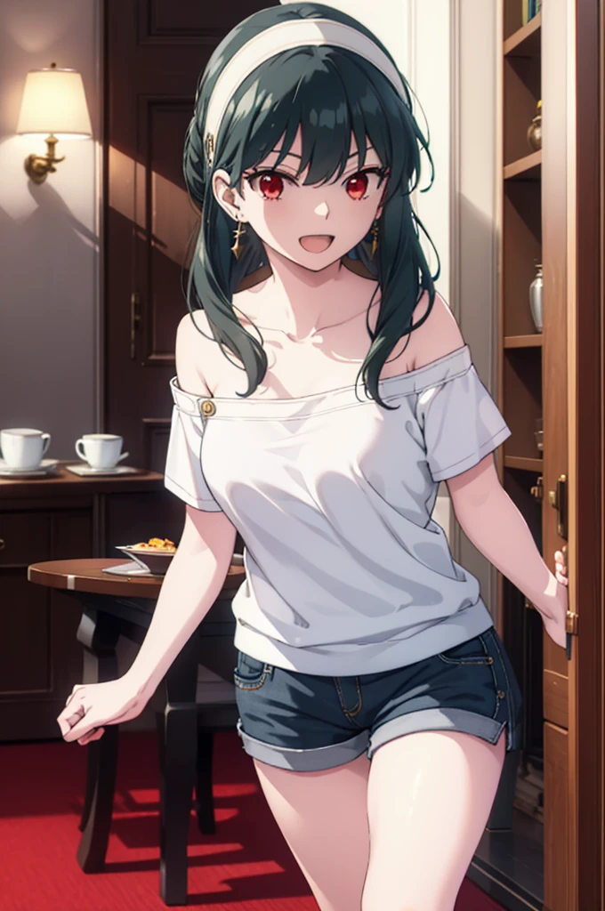 Yorbraia, Yor Briar, Black Hair, (Red eyes:1.5), Earrings, gold hair band, hair band, Long Hair,  (Medium chest:1.2), happy smile, smile, Open your mouth,Oversized one-shoulder t-shirt,Shorts,Black pantyhose,short boots,,whole bodyがイラストに入るように,Walking,food, drink, Tables and chairs,tray, tray in one hand
break indoors,room,living,
break looking at viewer, whole body,
break (masterpiece:1.2), Highest quality, High resolution, unity 8k wallpaper, (figure:0.8), (Beautiful attention to detail:1.6), Highly detailed face, Perfect lighting, Highly detailed CG, (Perfect hands, Perfect Anatomy),