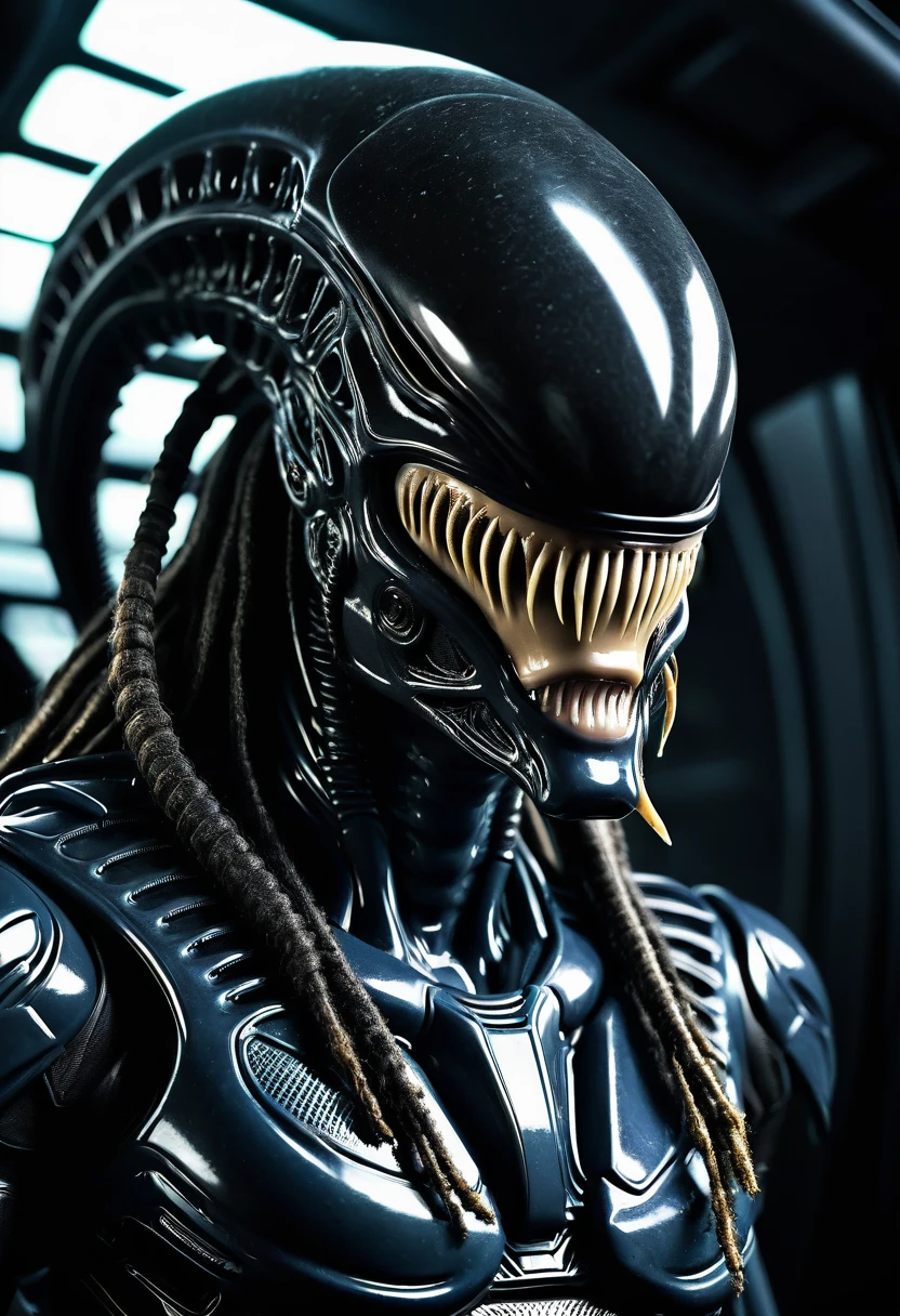 (((Very close up (((Predator fusion Xenomorph Alien the eighth passenger))),(((black color))) surreal and cinematographic images Color Splash images))),(((Front Images))),(((dreadlocks)))