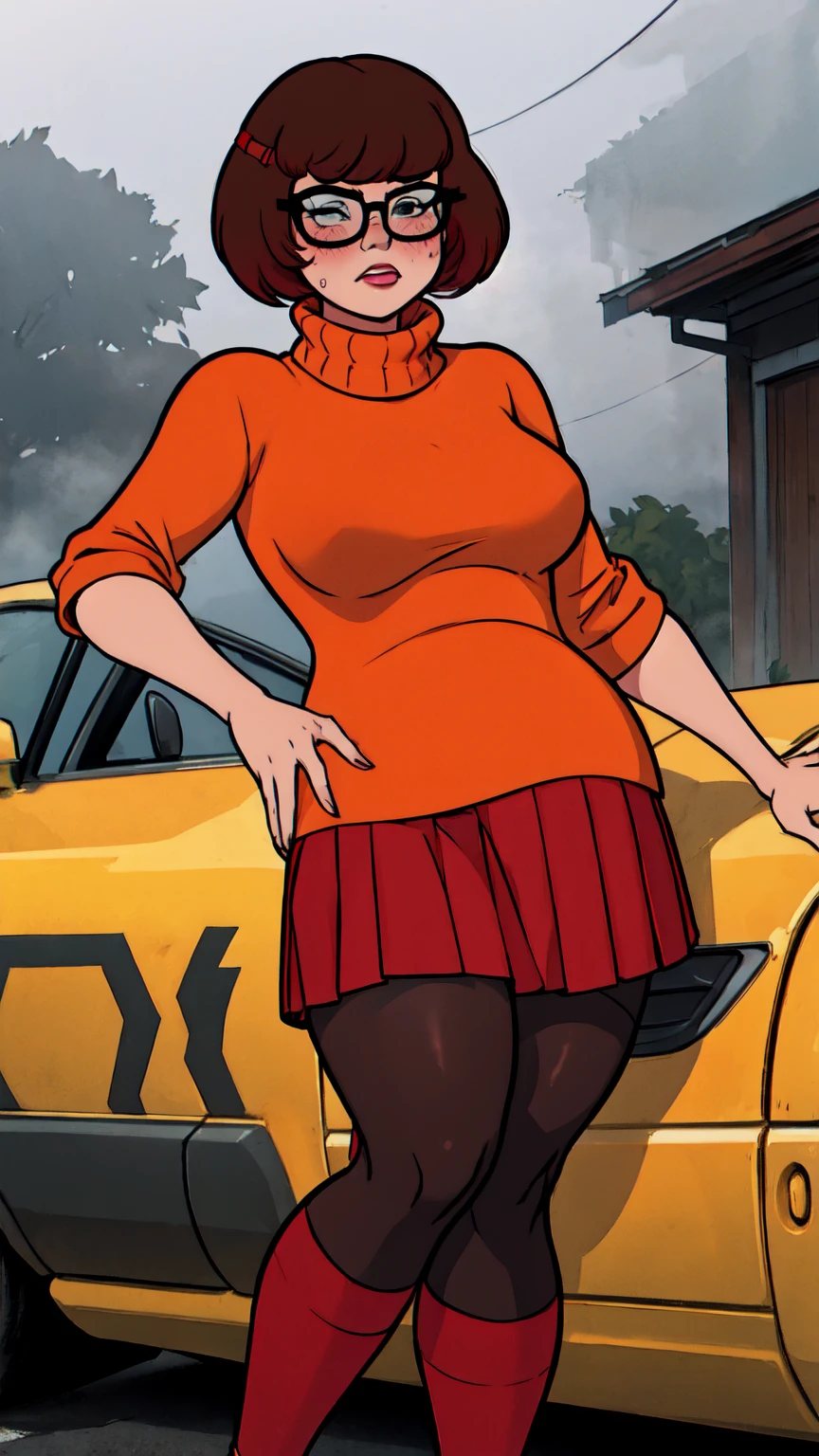 1girl, Velma from scooby-doo, solo, fat (fat body), brown hair, black eyes, square glasses, orange turtleneck blouse and red skirt, eyeliner, looking at viewer, lips, black bob cut, blunt bangs, blush, standing, upper body, face focus, outdoors, horror \(theme\), night, fog egirlmakeup, angry face, sitting on the car, garage background