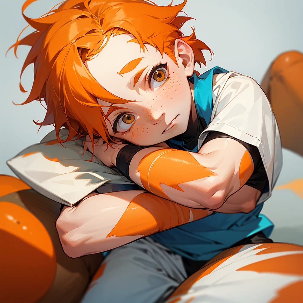 a 10 year old boy with white skin, shaved orange hair and freckles on his face