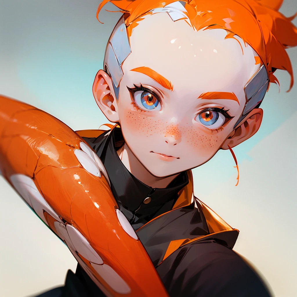a 10 year old boy with white skin, shaved orange hair and freckles on his face