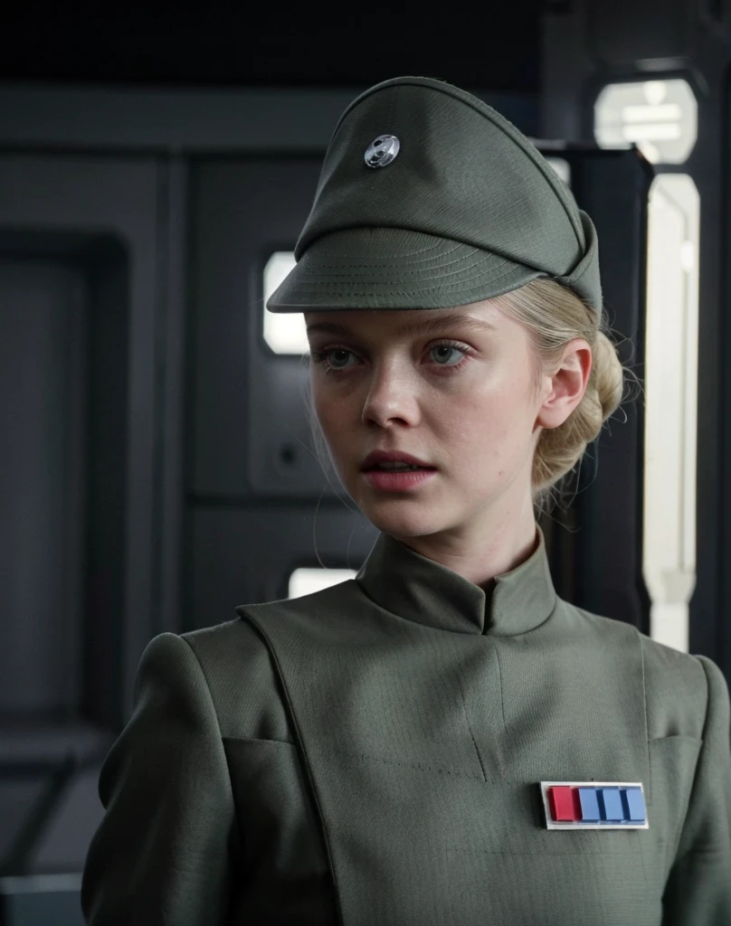 fashion photography of Elle Fanning in olive gray imperialofficer uniform and hat with brim, hair in small tight bun, smooth pale white skin, haughty proud snob, pouty lips, buck teeth, sci-fi Death Star control room, sharp focus, dlsr, ultra sharp, professional Photographer, film grain, very detailed skin texture, photorealistic