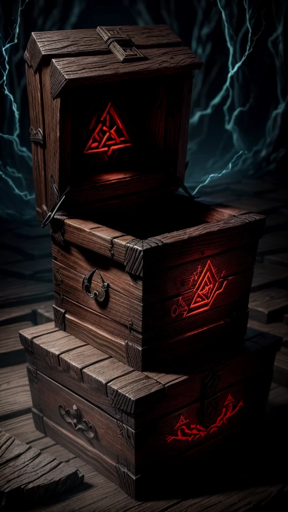 a mimic box, highly detailed, photorealistic, 8k, masterpiece, fantasy, dark wood texture, ancient runes carved on the surface, glowing magical energy emanating from the cracks, dramatic lighting, moody atmosphere, cinematic composition