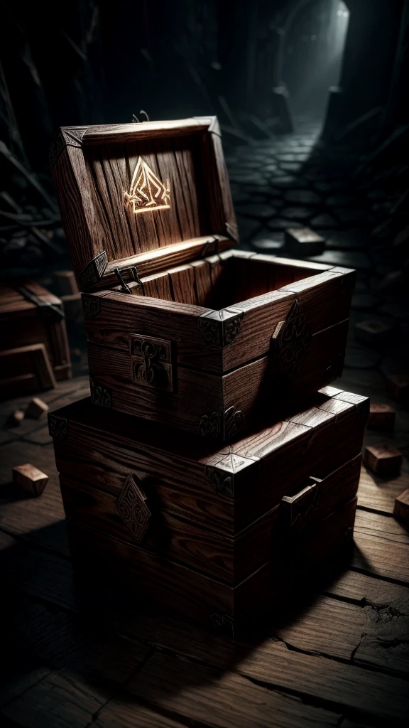 a mimic box, highly detailed, photorealistic, 8k, masterpiece, fantasy, dark wood texture, ancient runes carved on the surface, glowing magical energy emanating from the cracks, dramatic lighting, moody atmosphere, cinematic composition