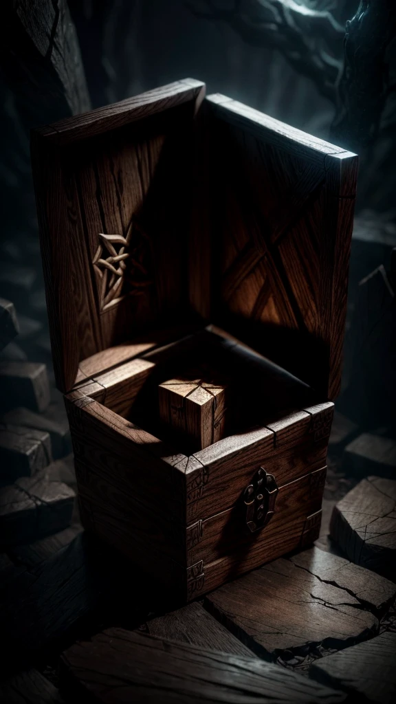 a mimic box, highly detailed, photorealistic, 8k, masterpiece, fantasy, dark wood texture, ancient runes carved on the surface, glowing magical energy emanating from the cracks, dramatic lighting, moody atmosphere, cinematic composition