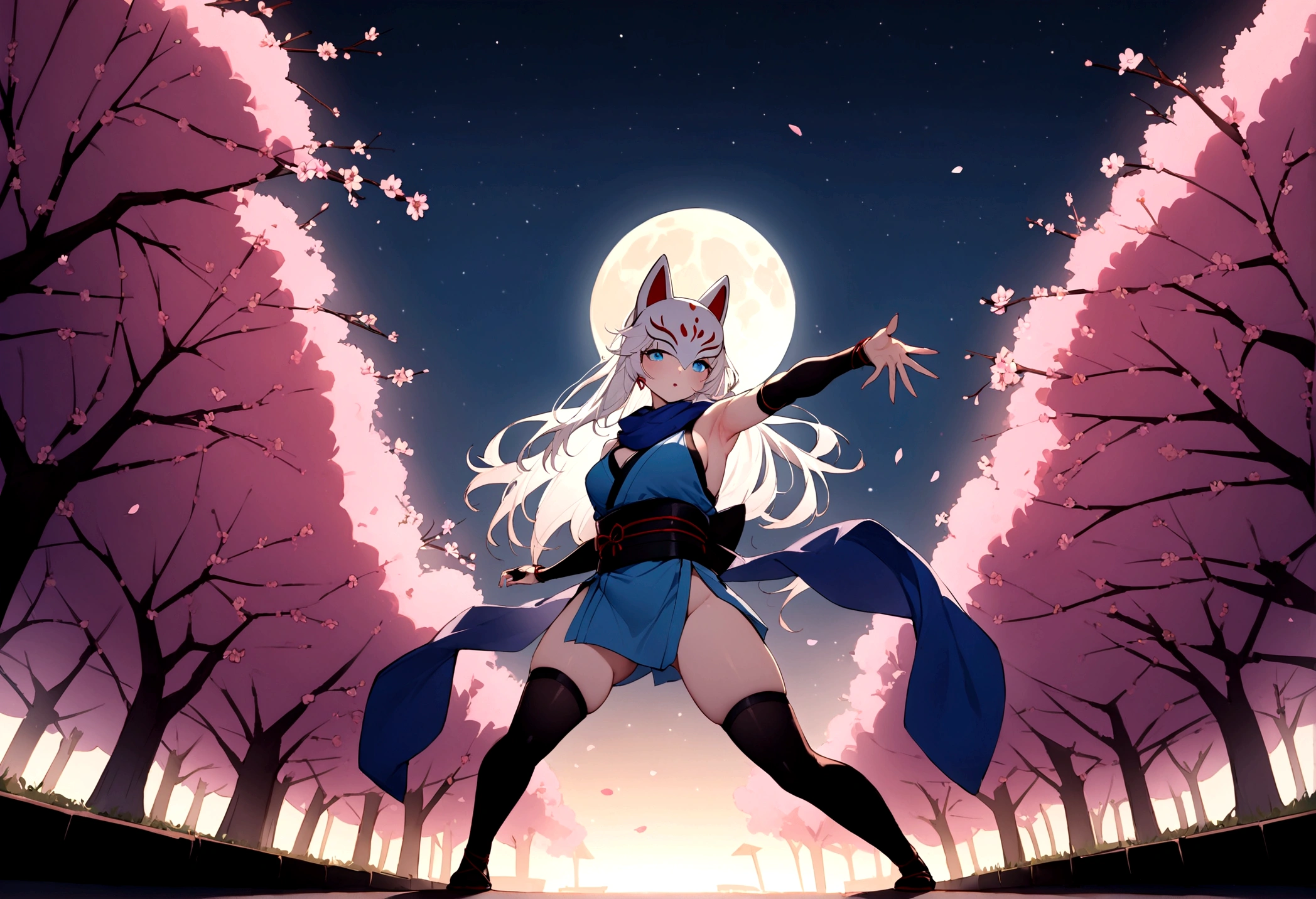 Exposed armpits and chest、Climbing a cherry tree、(masterpiece, best quality:1.2), 1girl, 独奏,Wolf girl, fox mask, ninja, girl, long white hair, odd eyes, blue kimono, ninja girl, red and blue scarf,Dancing Cherry Blossoms,Full moon backlighting, light coming in, fantastic atmosphere.night、Shadows of light and darkness、Eyes glowing in the dark、Black fox mask、Fisheye Lens、Expansive starry sky、long hair that spreads、Overlooking the city from atop a large cherry tree、Aside exposure、Black fox mask