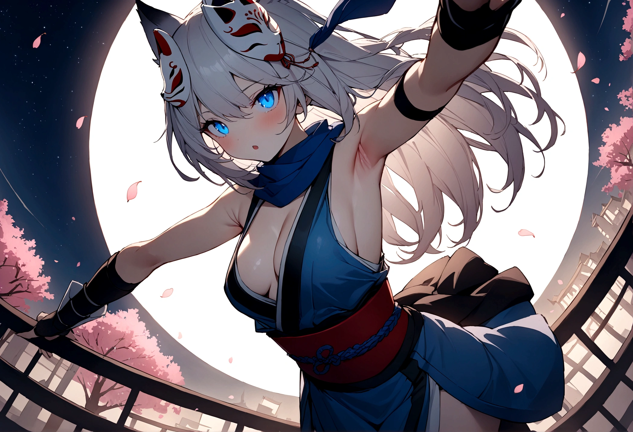 armpits and chest、Climbing a cherry tree、(masterpiece, best quality:1.2), 1girl, 独奏,Wolf girl, fox mask, ninja, girl, long white hair, odd eyes, blue kimono, ninja girl, red and blue scarf,Dancing Cherry Blossoms,Full moon backlighting, light coming in, fantastic atmosphere.night、Shadows of light and darkness、Eyes glowing in the dark、Black fox mask、Fisheye Lens、Expansive starry sky、long hair that spreads、Overlooking the city from atop a large cherry tree、Aside exposure、Black fox mask