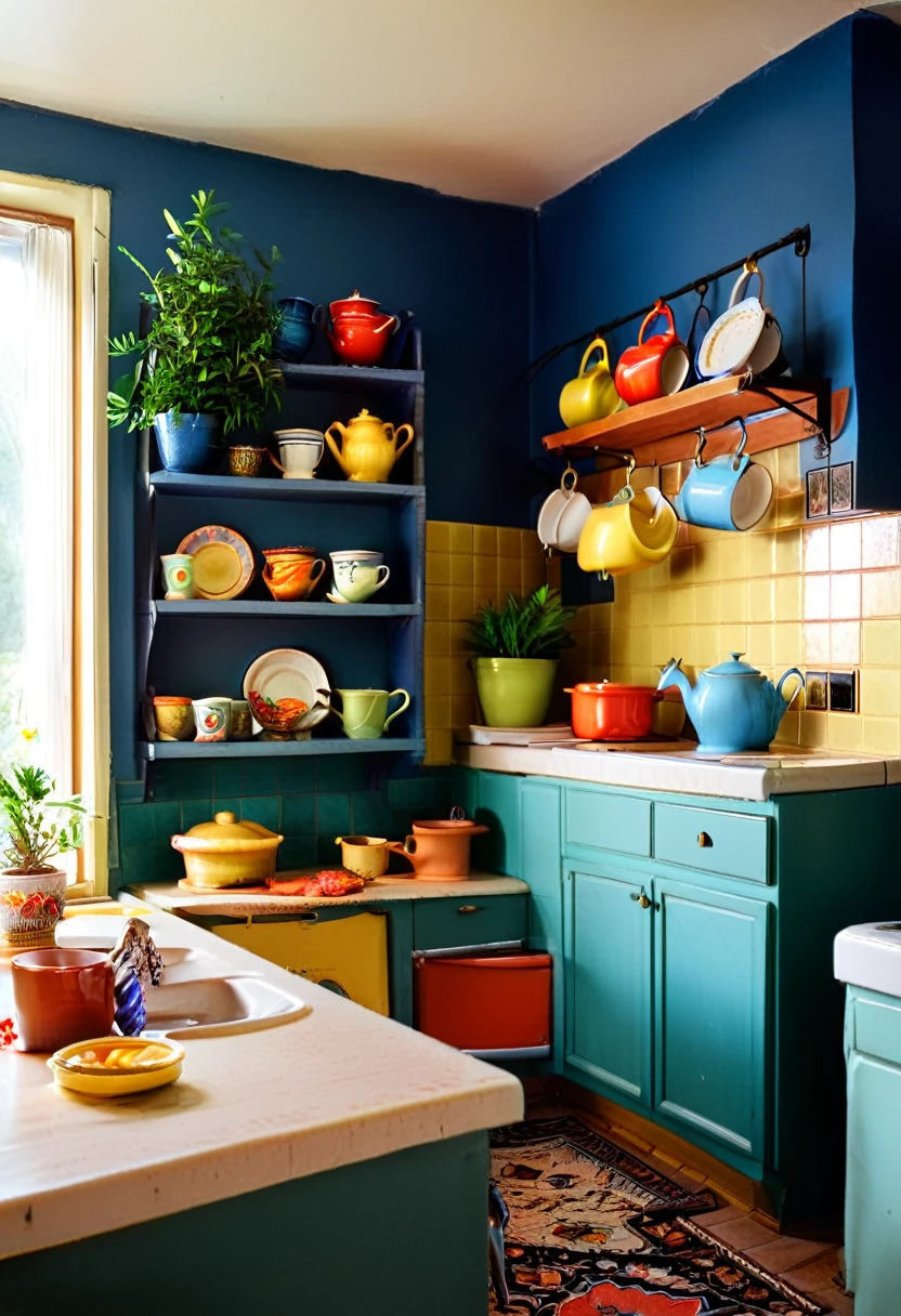 Create a hyper-realistic image of a vibrant, eclectic kitchen. The kitchen should feature deep blue walls, colorful hanging plants, and a mix of vintage and modern elements. Include open shelves displaying colorful teapots, mugs, and kitchenware, as well as potted plants scattered throughout the space. The cabinets should be a combination of blue and white, with some doors open to show more kitchen items. Use natural light streaming in through a window to create a warm and inviting atmosphere. The overall scene should be lively and cozy, capturing the charm and character of a well-loved, eclectic kitchen