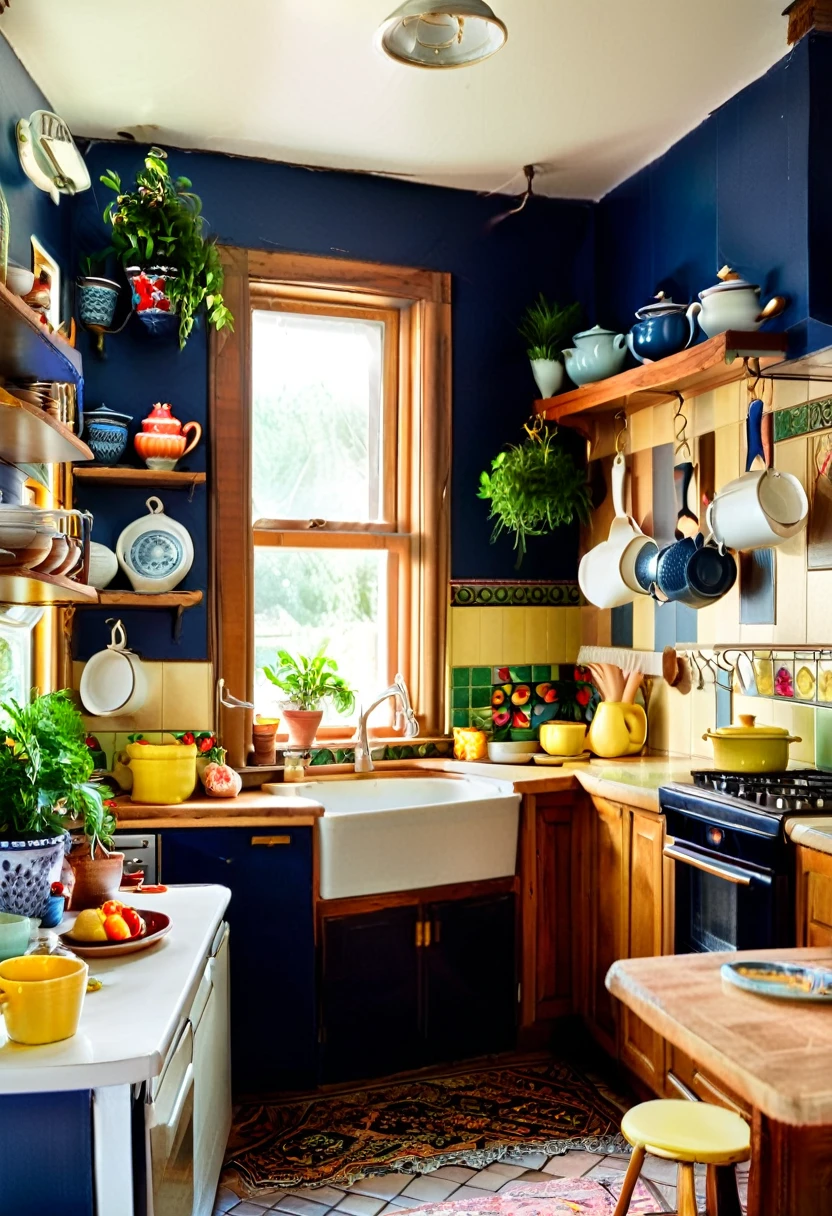 Create a hyper-realistic image of a vibrant, eclectic kitchen. The kitchen should feature deep blue walls, colorful hanging plants, and a mix of vintage and modern elements. Include open shelves displaying colorful teapots, mugs, and kitchenware, as well as potted plants scattered throughout the space. The cabinets should be a combination of blue and white, with some doors open to show more kitchen items. Use natural light streaming in through a window to create a warm and inviting atmosphere. The overall scene should be lively and cozy, capturing the charm and character of a well-loved, eclectic kitchen