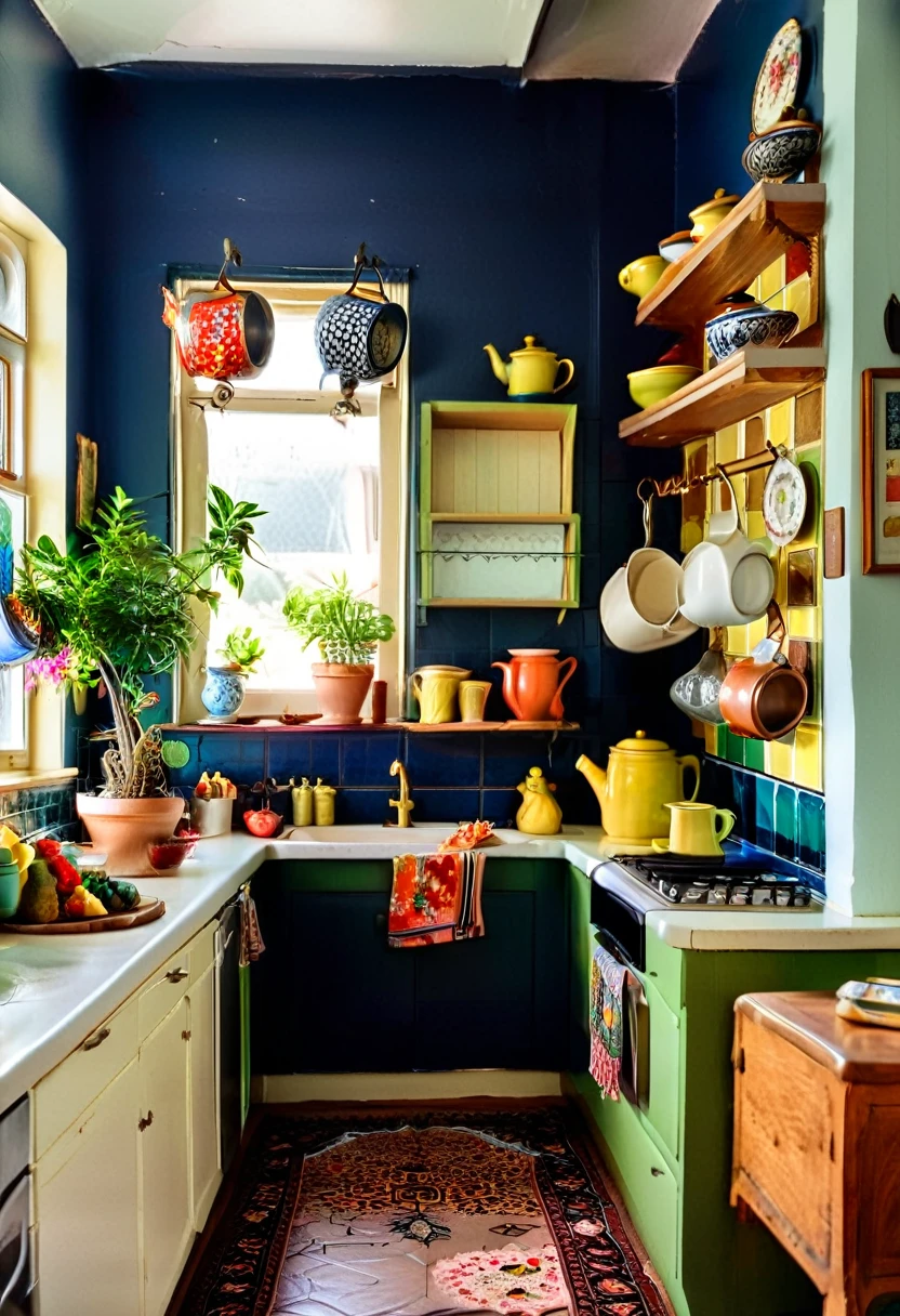 Create a hyper-realistic image of a vibrant, eclectic kitchen. The kitchen should feature deep blue walls, colorful hanging plants, and a mix of vintage and modern elements. Include open shelves displaying colorful teapots, mugs, and kitchenware, as well as potted plants scattered throughout the space. The cabinets should be a combination of blue and white, with some doors open to show more kitchen items. Use natural light streaming in through a window to create a warm and inviting atmosphere. The overall scene should be lively and cozy, capturing the charm and character of a well-loved, eclectic kitchen