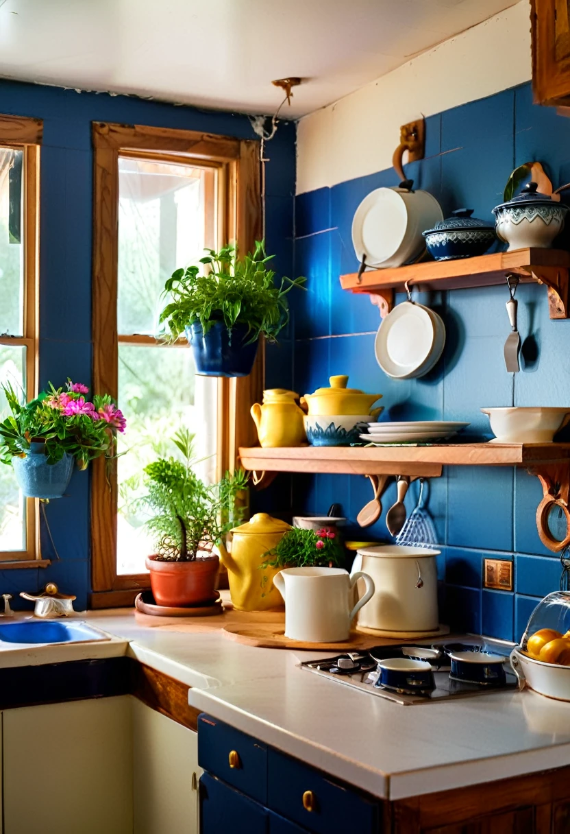 Create a hyper-realistic image of a vibrant, eclectic kitchen. The kitchen should feature deep blue walls, colorful hanging plants, and a mix of vintage and modern elements. Include open shelves displaying colorful teapots, mugs, and kitchenware, as well as potted plants scattered throughout the space. The cabinets should be a combination of blue and white, with some doors open to show more kitchen items. Use natural light streaming in through a window to create a warm and inviting atmosphere. The overall scene should be lively and cozy, capturing the charm and character of a well-loved, eclectic kitchen