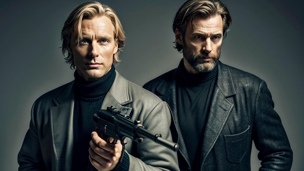 ((Highest quality)), ((masterpiece)), (detailed),Portrait photo of two realistic men, one in his 30s resembling Duncan Vizla (mads mikkelsen), the protagonist of the film POLAR (Polar is a 2019 neo-noir action thriller film directed by Jonas Åkerlund) He is wearing a black Grayman and Company combat tailored suit and is standing with a Glock 19 handgun. Next to him is a man resembling Hugh Michael Jackman in his 30s, wearing a black Grayman and Company combat tailored suit and carrying a Steyr SSG 69 on his shoulder.