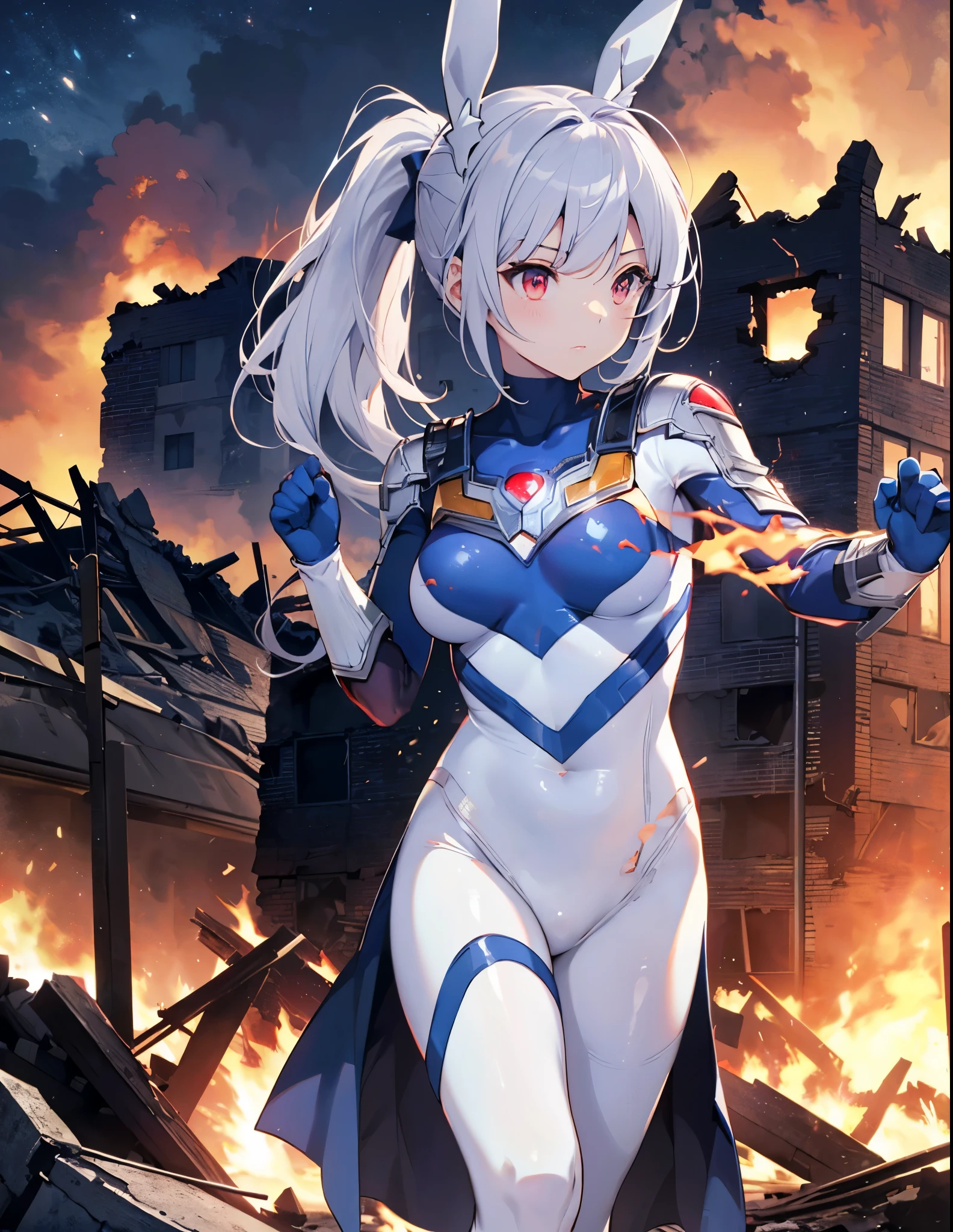 (Close-up:1.3),Realistic,Highest quality, Ultra Detail, High-quality CG rendering, The most delicate and beautiful, Floating softly, High resolution, (1 giant girl), (Highest quality,4K,8K,masterpiece:1.2) ,Light purple hair,Rabbit,Bunny ears,ponytail,Red eyes,(Ultra Girl:1.0),(All blue Ultraman :1.4),(All blue gloves:1.3),(All blue shoes:1.3), (Fighting Pose:1.2), (Are standing:1.3),(A city engulfed in flames:1.3),(Buildings in flames:1.3),(Burning Ruins:1.3)