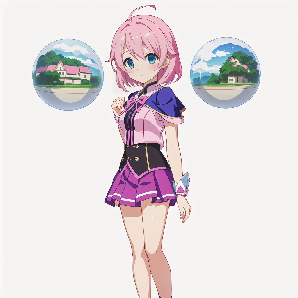 Highest quality, high resolution, High quality anime art style, Official Art, Smooth anime CG art, Stylized anime, Cute 3D anime girl render, Visual Novel Sprites, White background, whole body, Anime-style 3D, Smooth anime CG art, Humanoid Girl, JRPG Characters, Magical Girl Style, Pink Hairと紫色のドレスを着たアニメの女の子, Pink Hair, short hair, Pink ribbon, Float inside2Spheres, Holding a magic recorder ,Small Bust, Small breasts,
