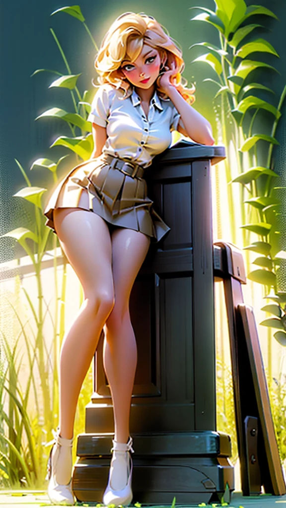 glow,masterpiece, best quality, oil painting portrait style, blonde,Plaid skirt,pleated skirt,Big ,white stockings,without wearing shoes, pinup