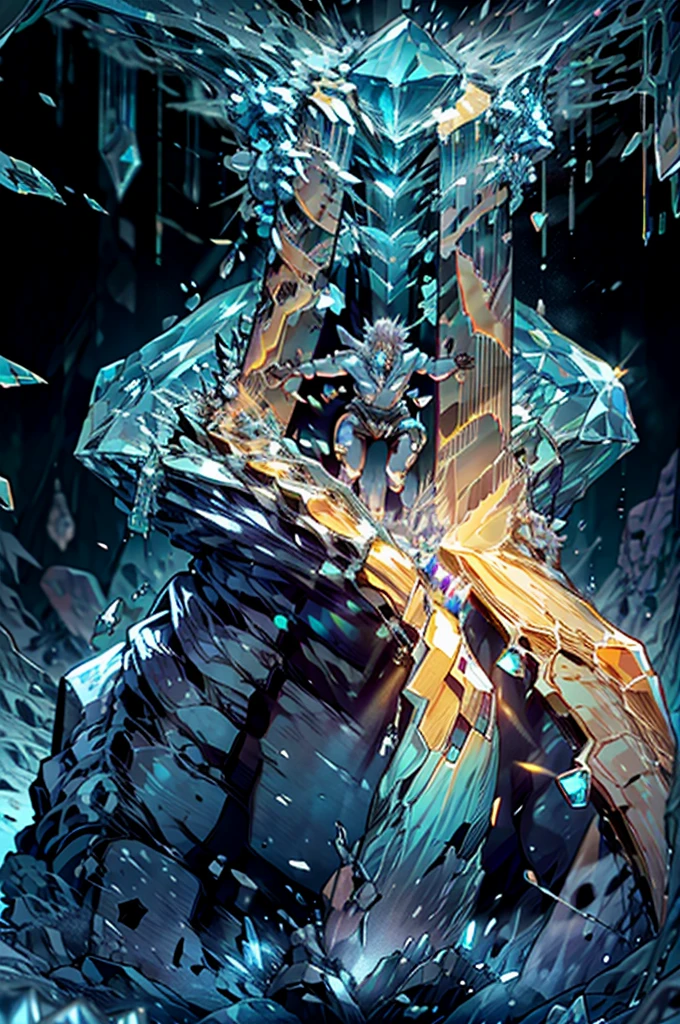 nft image Un golem gigante hecho de cristal transparente, with veins of luminous energy running through his body. He is standing in an underground cave filled with crystal stalactites and stalagmites.. Your heart, a giant gem, pulses with white light, lighting the cave. The ground is covered in glass shards and shiny minerals.. The atmosphere is magical and silent. nft image