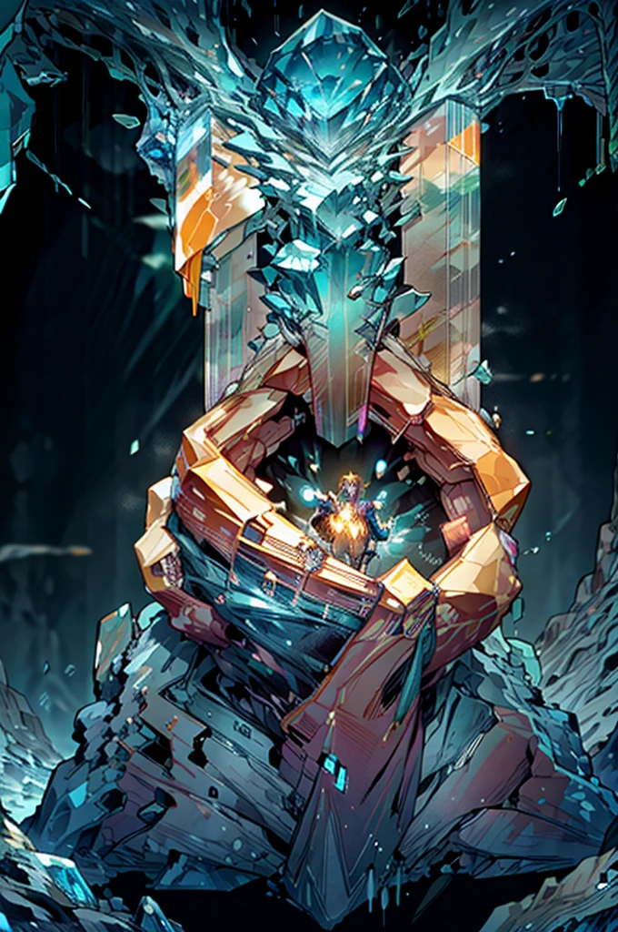 nft image Un golem gigante hecho de cristal transparente, with veins of luminous energy running through his body. He is standing in an underground cave filled with crystal stalactites and stalagmites.. Your heart, a giant gem, pulses with white light, lighting the cave. The ground is covered in glass shards and shiny minerals.. The atmosphere is magical and silent. nft image