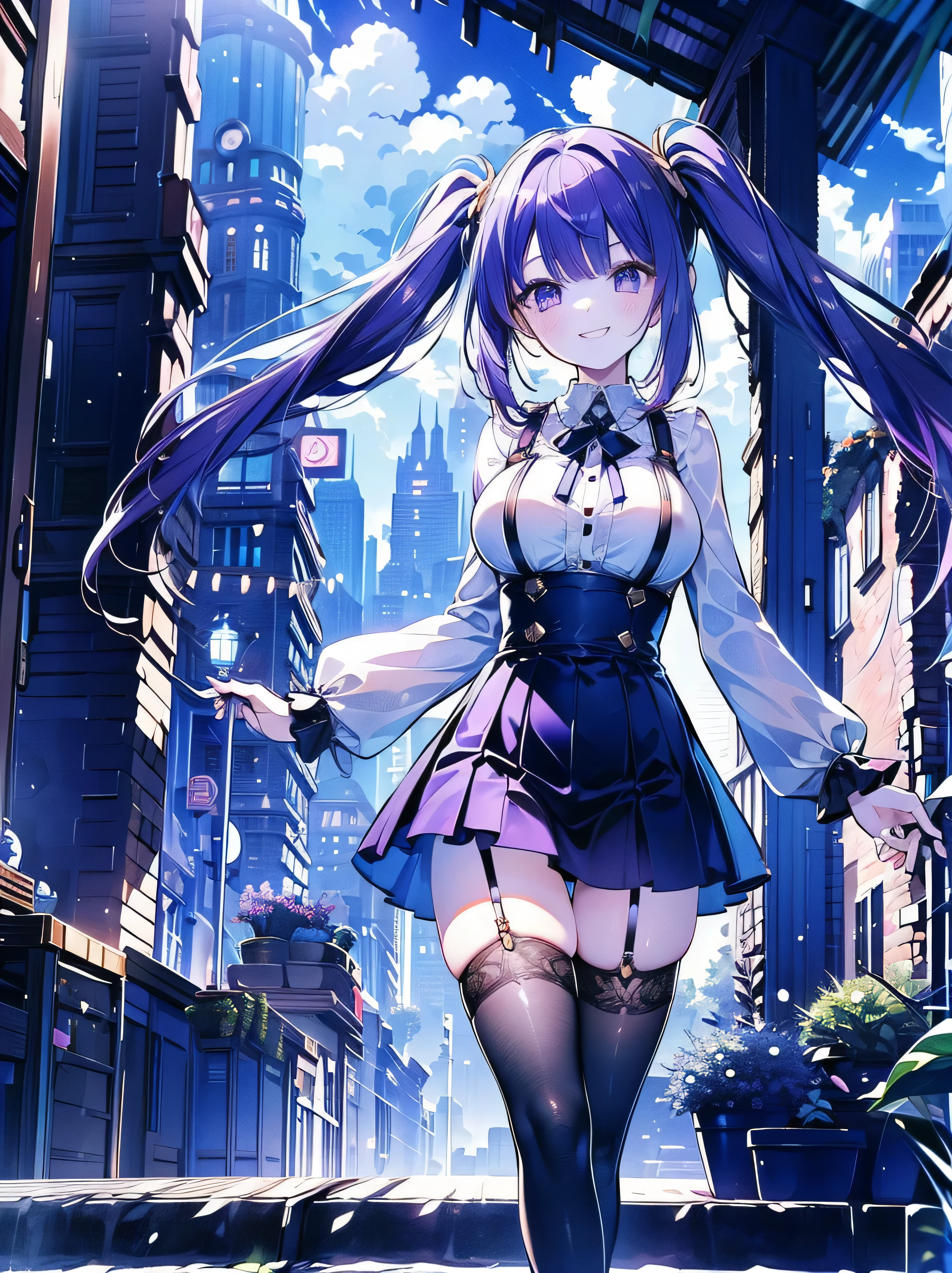 (masterpiece), (HDR), absurdres, (best quality), (ultra high quality), (hi-res), (1girl), (pastel purple eyes), beautiful detailed eyes, detailed eyes, , ((dark purple hair)), bangs, short side locks, (big thick twintails), (long straight hair), ((two gold hair ties)), (medium breast), skirt with suspenders straps, white, collared shirt, ruffles, sleeve cuffs, ((black thighhighs)), (zettai ryouiki), (thin waist), ((thigh gap)), (happy expression), (smile with teeth), cute, (looking at viewer), bend at waist, walking, in the city, outside, buildings, sidewalk, daytime, sunlight on face, noon, bright sun, city scenery, crosswalk, birds