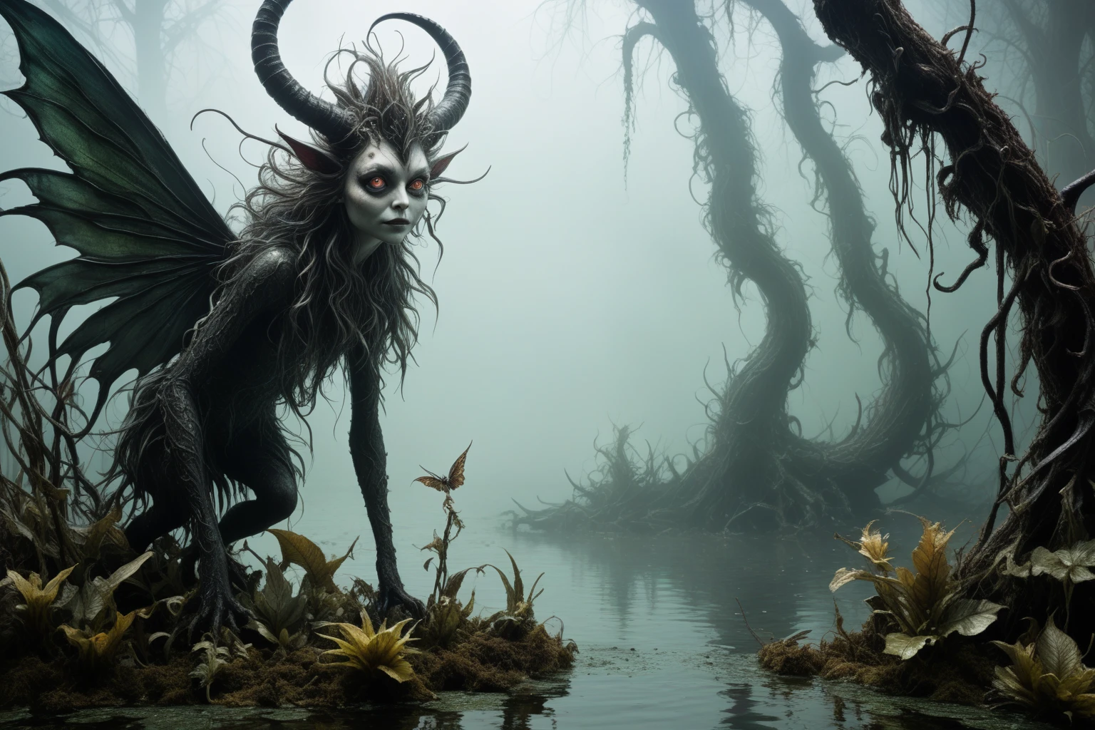 a graphite copper plant Krampus ,made of dead plants,a girl made of plants of Silent Hill, atmosphere with backlit,forest city chinesse pixie,A charming and fascinating creature with otherworldly forms that blend the best aspects of the monster human form and the innocent charm of a precocious , once pretty, wings, (best quality: 1.4), (masterpiece: 1.2), detailed, complex, high resolution, iridescent colors, texture, complex, gorgeous, 3D, highly detailed, (Professional photography, extremely detailed),Tim Burton, Dale Chihuly, Bruce Zheng, extremely detailed, high detailed eyes,8k resolution,RAW,retina, Nikon Z9,Nicola Samori, Sergey Zabelin,Aerith Gainsborough,pale demon woman , a foggy marsh on background, horror movie, cinematic look, creepy aesthetic, ultra detailed, photorealistic, masterpiece.