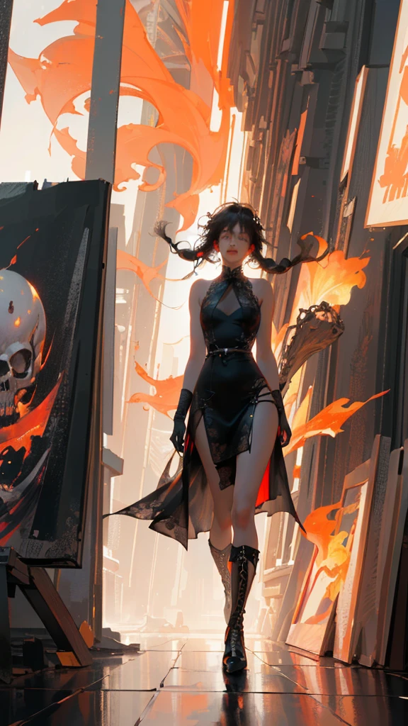 (((Create a Girl 16+), (smokes, fire), (Fantastic scene), (Dramatic, light)))_(((Yearmall miniature, Height), (Graceful figure, Height - standing) , (modern weapons), (Beautiful figure)_(16+ Year)))_(((Very beautiful girl, Small peach chest, Graceful figure, Willow Waist, Smooth buttocks)), ((long double braids), ( tight braids), (Braided Hair), (black hair, Black Hair)))_((Yearcarlet lips)), ((Smile)))_(((Yearhiny skin:1.5, White skin)))_((sexly ), (), (Lovely, Kawaii)))_((( shoulders, Black lace dress)), ((Black chiffon dress, Very short skirt))_(((Tight Fit), ( lace dress )), ((Almost completely standing，Wearing few clothes)), ((Small )), (Arm with elbow pads, Tactical gloves on palm), (Legs with knee pads, stocking)), ((Heavy leather lace-up boots)), ((looking at the audience)))_(((Dark background, Realistic Painting, numberpainting, high quality))_((background, Wonderful lock, (Movie; LucasArts, R.Year. jiger "alien", jiger's monsters)), (stunning scene in a spaceship)), ((DecorativeDark background)), ((Stunning White Alien Lily), (highly unusual)), ((spaceship, skull)) , ((White lily - large stem)))_(((Vibrant colors, Cool soft shadows), (Warm contrast light, bright theme)), ((High contrast, Realistic graphics: 1.37)),((number, painting, Wide wet stroke)), ((- Professional execution)))_ (((Movie, number), (Soft and clear form, Wide stroke, Attention to detail), (Clear and elegant lines, Color Fill)) )_(((high quality, 16K | Ultra high quality | Height, Rendering))).