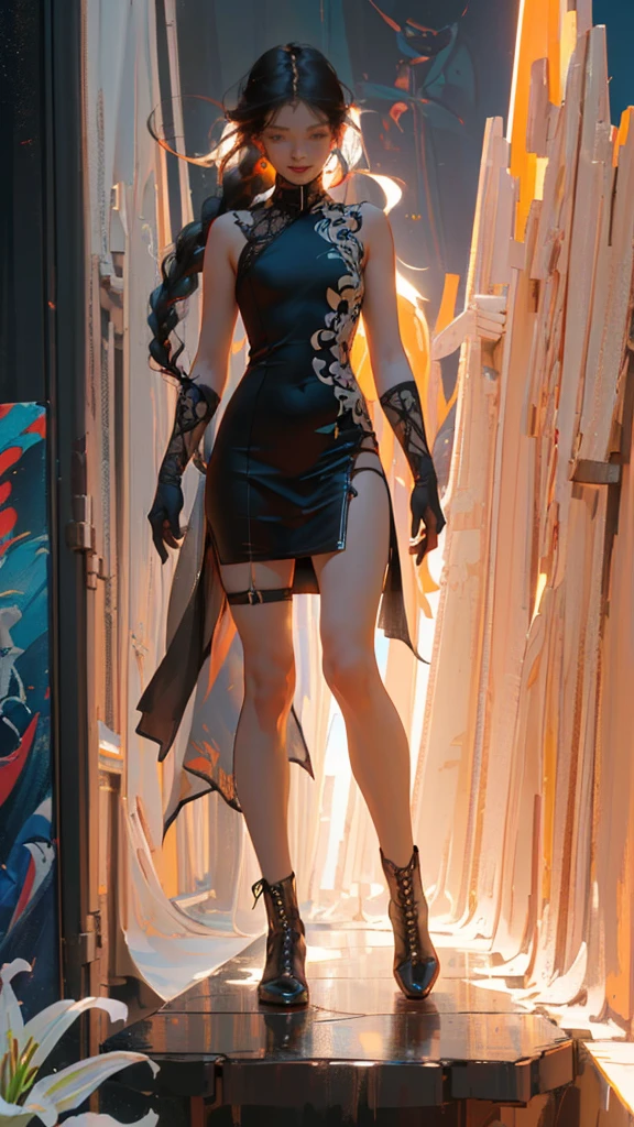 (((Create a Girl 16+), (smokes, fire), (Fantastic scene), (Dramatic, light)))_(((Yearmall miniature, Height), (Graceful figure, Height - standing) , (modern weapons), (Beautiful figure)_(16+ Year)))_(((Very beautiful girl, Small peach chest, Graceful figure, Willow Waist, Smooth buttocks)), ((long double braids), ( tight braids), (Braided Hair), (black hair, Black Hair)))_((Yearcarlet lips)), ((Smile)))_(((Yearhiny skin:1.5, White skin)))_((sexly ), (), (Lovely, Kawaii)))_(((Bare shoulders, Black lace dress)), ((Black chiffon dress, Very short skirt))_(((Tight Fit), (Transparent lace dress )), ((Almost completely standing,Wearing few clothes)), ((Small Thong)), (Arm with elbow pads, Tactical gloves on palm), (Legs with knee pads, stocking)), ((Heavy leather lace-up boots)), ((looking at the audience)))_(((Dark background, Realistic Painting, numberpainting, high quality))_((background, Wonderful lock, (Movie; LucasArts, R.Year. jiger "alien", jiger's monsters)), (stunning scene in a spaceship)), ((DecorativeDark background)), ((Stunning White Alien Lily), (highly unusual)), ((spaceship, skull)) , ((White lily - large stem)))_(((Vibrant colors, Cool soft shadows), (Warm contrast light, bright theme)), ((High contrast, Realistic graphics: 1.37)),((number, painting, Wide wet stroke)), ((- Professional execution)))_ (((Movie, number), (Soft and clear form, Wide stroke, Attention to detail), (Clear and elegant lines, Color Fill)) )_(((high quality, 16K | Ultra high quality | Height, Rendering))).