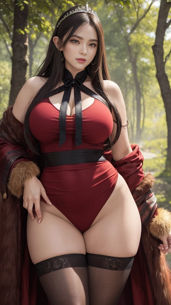 solo,1 Orcs, Super tall,The temperament of a queen,tmasterpiece,best qualityer,Hyper-detailing,Full body illustration,Fine and detailed eyes and detailed face) garments:There are animal earature female orcs,cruel grin,There are clothes on the upper body,Wrap the whole body,The lower body is wearing animal skin shorts,Pantyhose, Show stockings,allure:Tall,Plump body,Wide buttock,Large,Strong,There are muscles,Very high,Go ahead,(big assa:1.3),(thick thight:1.3),Taller than a tree,Clouduilding, red clothes