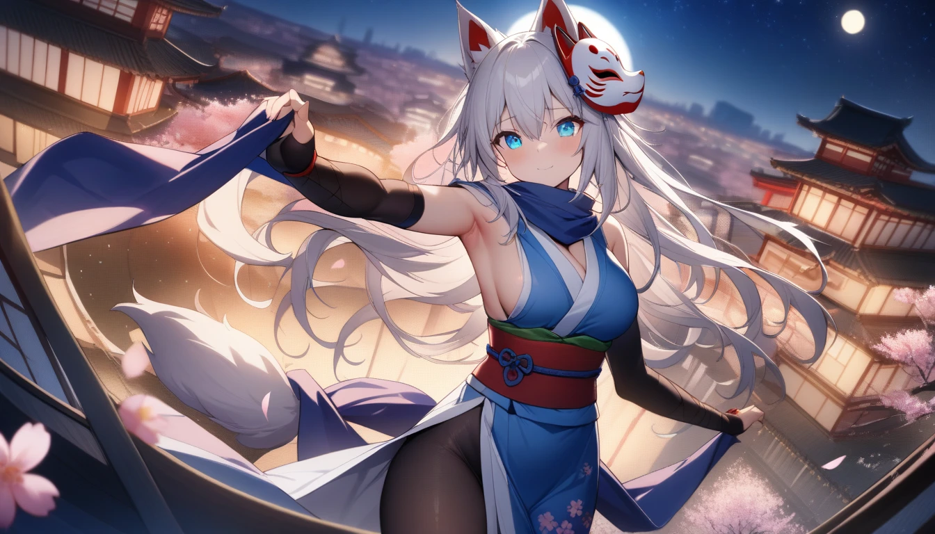  armpits and 、A magnificent view of the city from the treetops、(masterpiece, best quality:1.2), 1girl, 独奏,Wolf girl, fox mask, ninja, girl, long white hair, odd eyes, blue kimono, ninja girl, red and blue scarf,Dancing Cherry Blossoms,Full moon backlighting, light coming in, fantastic atmosphere.night、Shadows of light and darkness、Eyes glowing in the dark、Black fox mask、Fisheye Lens、Expansive starry sky、long hair that spreads、Overlooking the city from atop a large cherry tree、Aside exposure、A Chinese umbrella with a cherry blossom pattern
