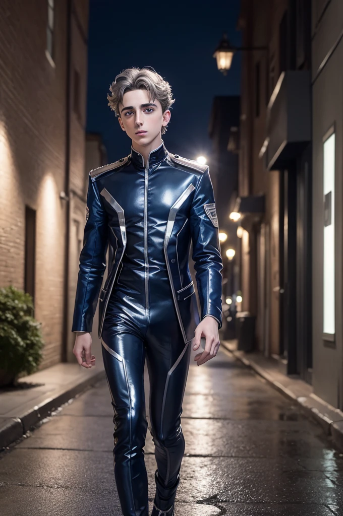 digitl art, timothée chalamet with metallic silver hair, midnight blue eyes, he is wearing the Zoom uniform, while walking down a street