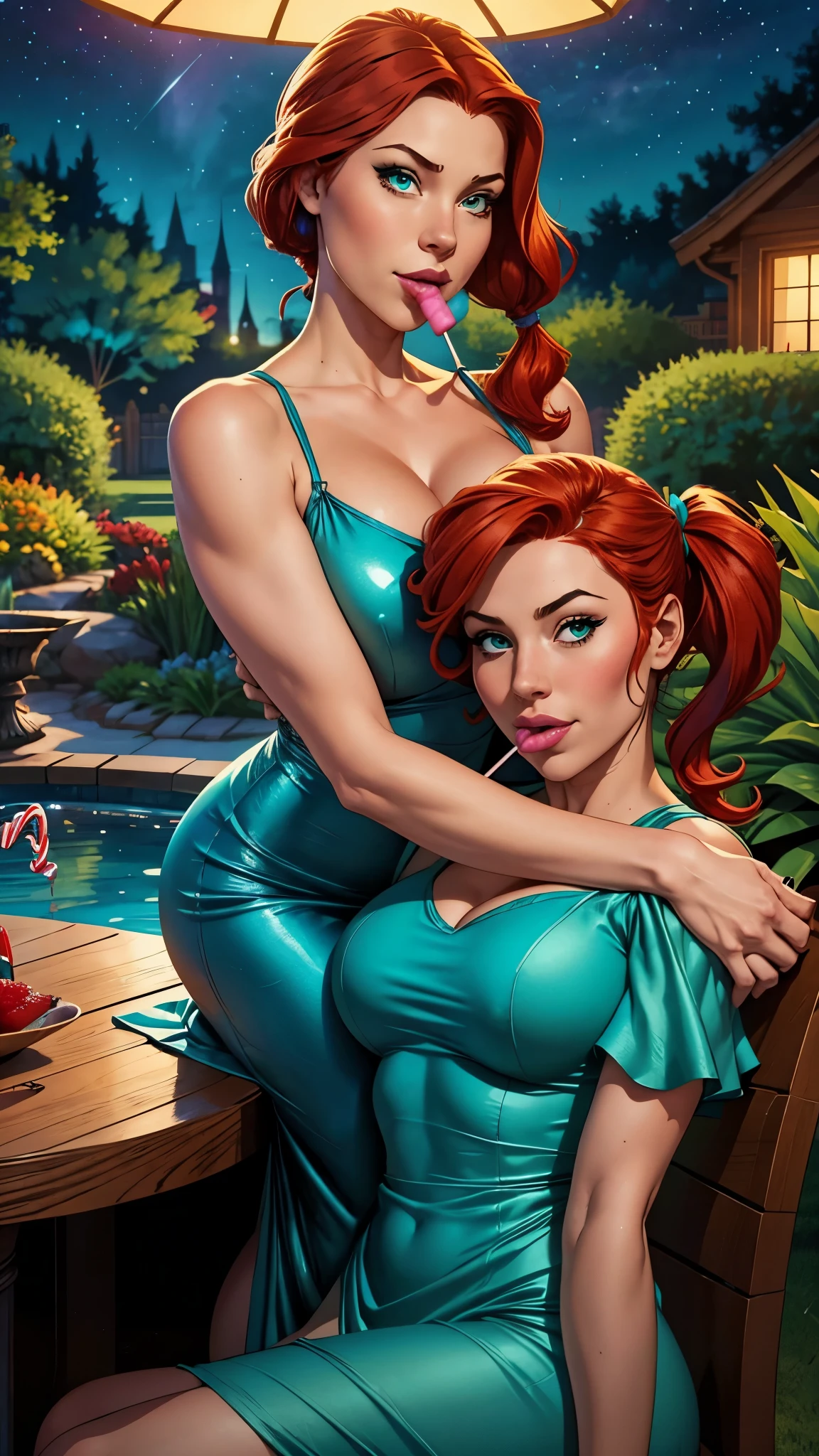 A girl in an elegant turquoise dress is sitting on a table. she has pigtails and red hair. Busty. A garden at night. Comic style. Hd image. Marvel comics. Front pose. she has a lollipop in her mouth. she is hugging another woman sensually. they look at each other