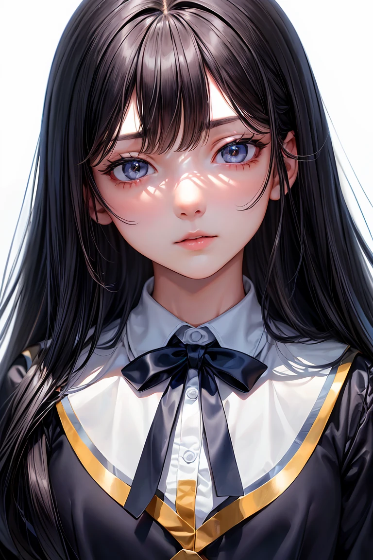 a cut girl with long hair, wearing school uniform, full-body, white background, clean background, full body shot:1.12,Detailed face,detailed eyes,detailed nose,detailed mouth,((UHD,masterpiece,super detail,award winning:1.4,best quality:1.2,highres,high quality))