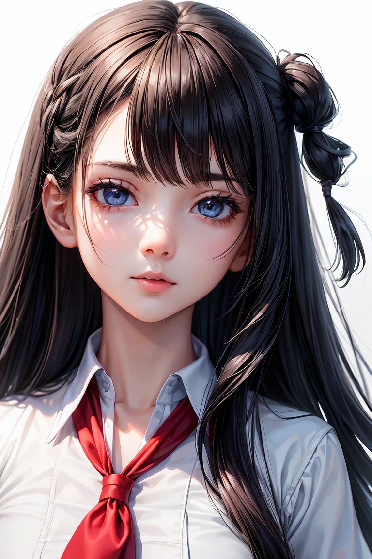 a cut girl with long hair, wearing school uniform, full-body, white background, clean background, full body shot:1.12,Detailed face,detailed eyes,detailed nose,detailed mouth,((UHD,masterpiece,super detail,award winning:1.4,best quality:1.2,highres,high quality))