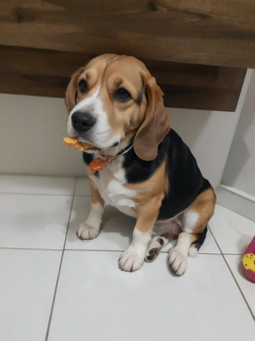 there is a dog sitting on the floor with a toy in its mouth, cute beagle, having a snack, buttercup eating pizza, ready to eat, looking towards the camera, a wide full shot, by Emma Andijewska, a handsome, aww, looking away from camera, an artistic pose, a brightly coloured, proud looking
