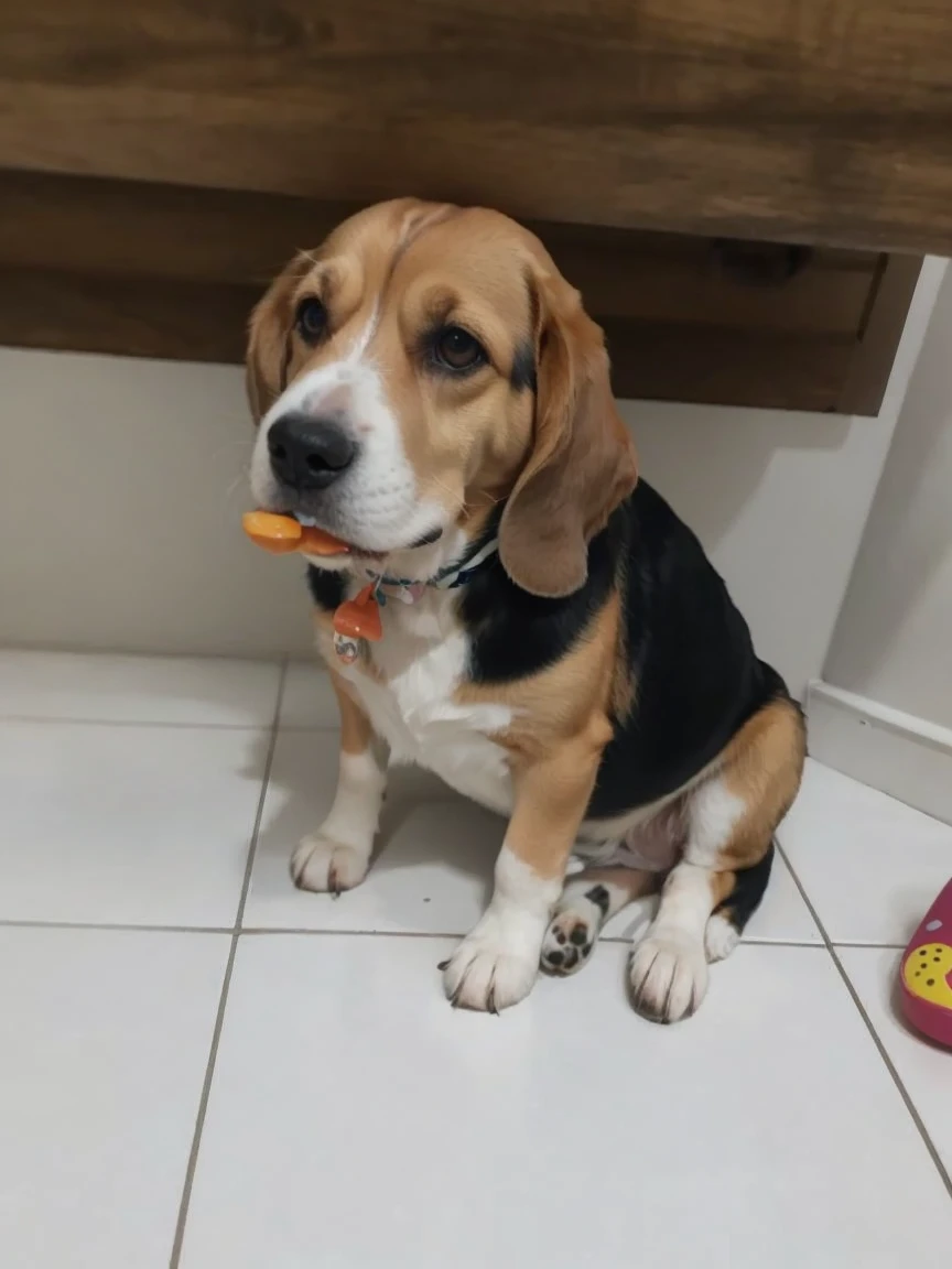 there is a dog sitting on the floor with a toy in its mouth, cute beagle, having a snack, buttercup eating pizza, ready to eat, looking towards the camera, a wide full shot, by Emma Andijewska, a handsome, aww, looking away from camera, an artistic pose, a brightly coloured, proud looking