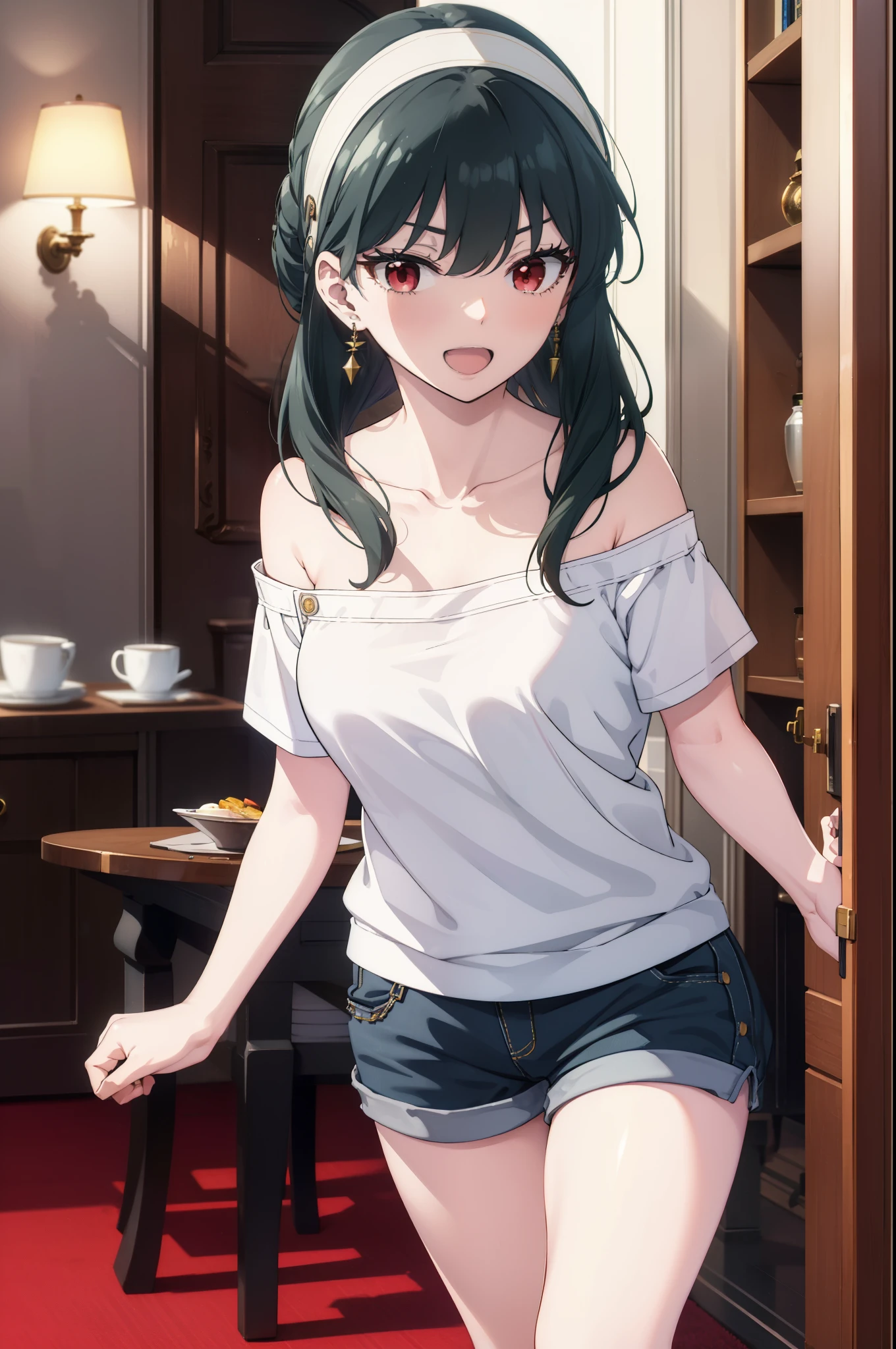 Yorbraia, Yor Briar, Black Hair, (Red eyes:1.5), Earrings, gold hair band, hair band, Long Hair, (Medium chest:1.2), happy smile, smile, Open your mouth,Oversized one-shoulder t-shirt,Shorts,Black pantyhose,short boots,,whole bodyがイラストに入るように,Walking,food, drink, Tables and chairs,tray, tray in one hand
break indoors,room,living,
break looking at viewer, whole body,
break (masterpiece:1.2), Highest quality, High resolution, unity 8k wallpaper, (figure:0.8), (Beautiful attention to detail:1.6), Highly detailed face, Perfect lighting, Highly detailed CG, (Perfect hands, Perfect Anatomy),