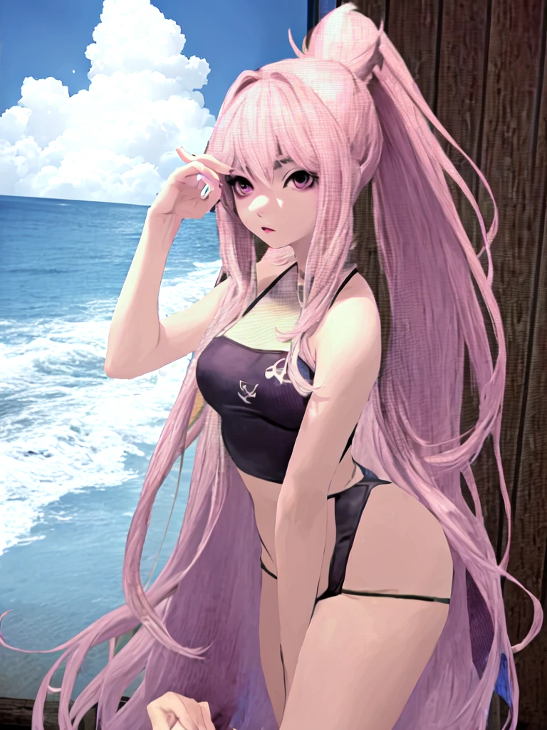  Rabbit Girl With Pink Ears Purple eyes Wearing a  with the body of a final fantasy 14 character, beautiful and  on a paradisic beach with a little ponytail and a strand of hair in her hair and white highlights, smaller eyes and also with black eye makeup that makes her look very beautiful su pelo es casi corto y tiene rayitos blancos esparcidos que se vea igualita a la imagen bien definida que tenga el mismo pelo de la imagen y un lunar en la cara pequeño como el de la imagen ponle mas detalles impresionantes a la playa.