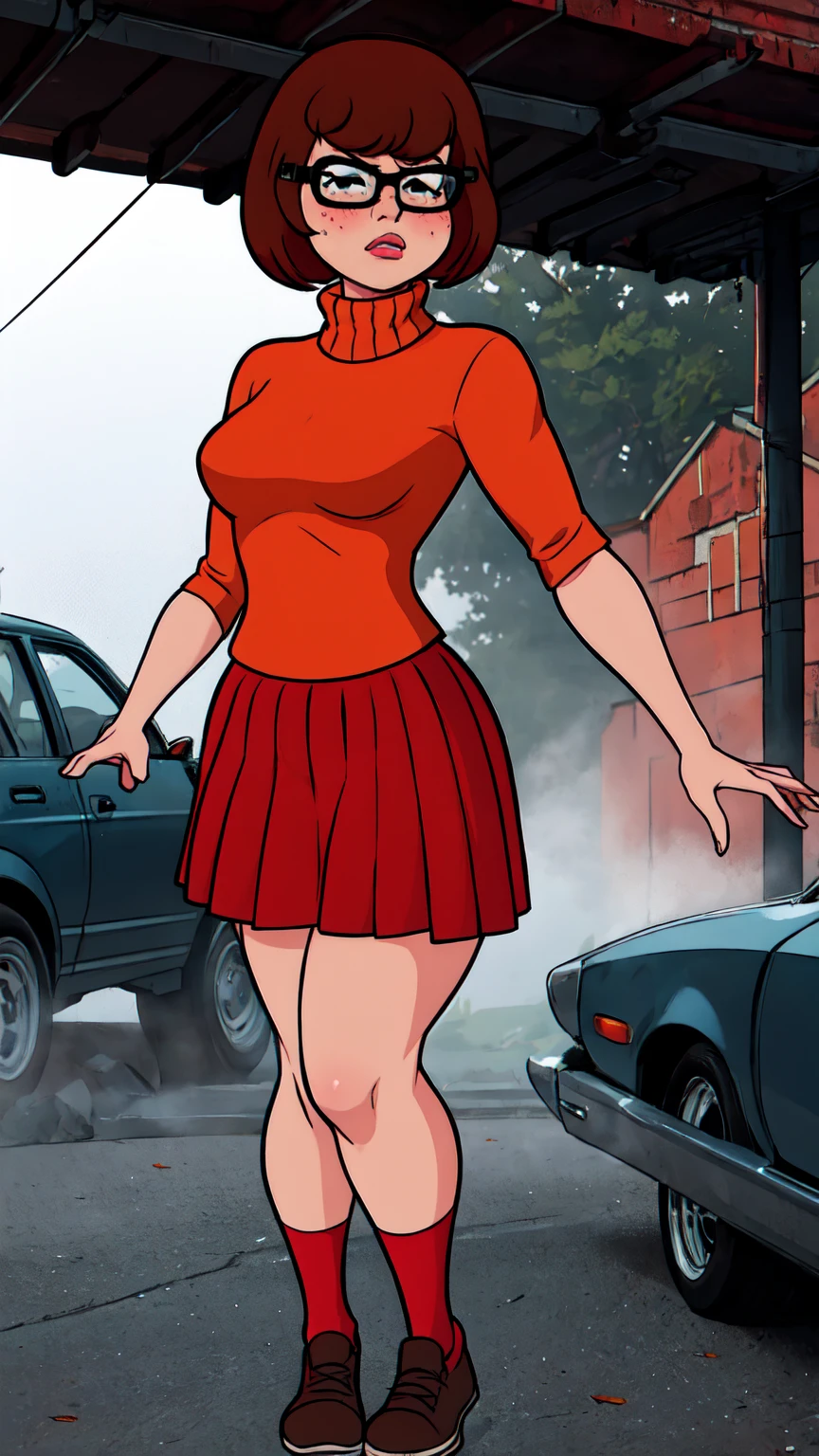 1girl, Velma from scooby-doo, solo, fat (fat body), brown hair, black eyes, square glasses, orange turtleneck blouse and red skirt, eyeliner, looking at viewer, lips, black bob cut, blunt bangs, blush, standing, upper body, face focus, outdoors, horror \(theme\), night, fog egirlmakeup, angry face, sitting on the car, garage background