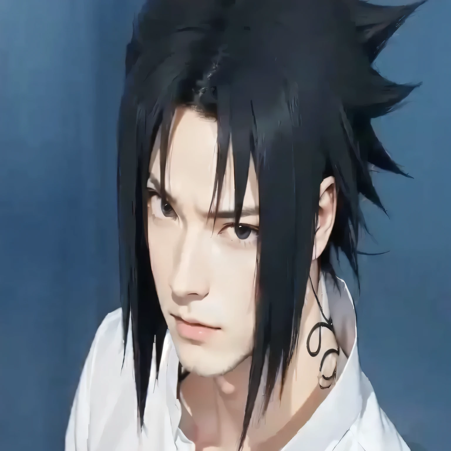 a close up of a person with black hair and a white shirt, sasuke uchiha