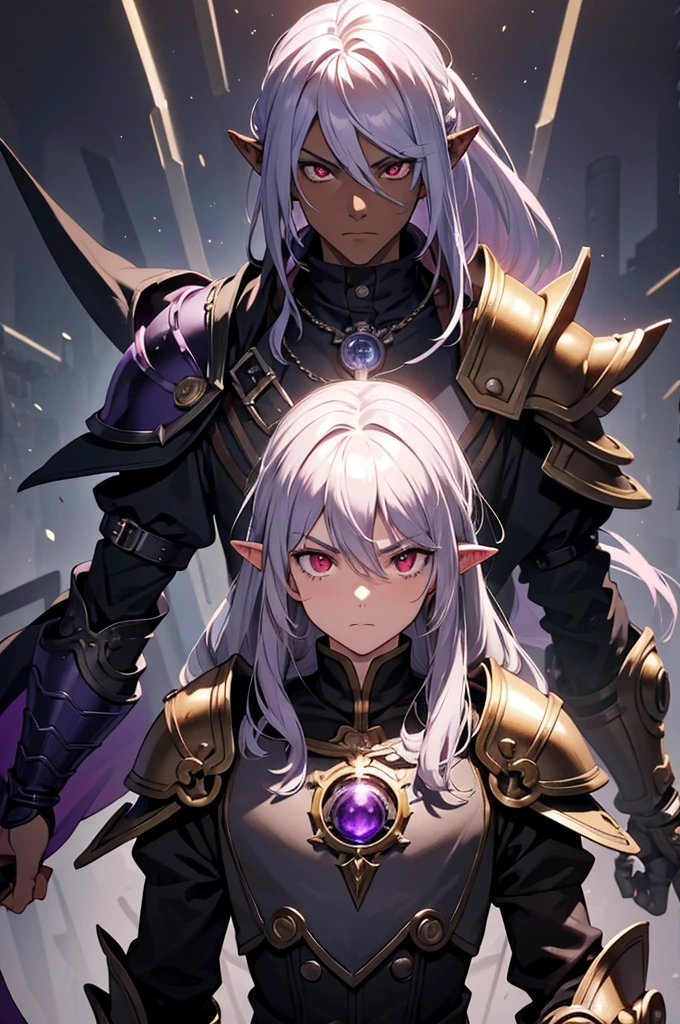 masterpiece, best quality, ultra high res, 1boy, (mix between dungeonpunk and steampunk armor), (wearing armor)fantasy illustration, dark skinned, human, upper body, portrait, red eyes, long white hair, Xemnas from Kingdom Hearts, half-drow, pointy ears, serious face, young man, dramatic lighting, purple hue, art by Kinema Citrus and Tetsuya Nomura