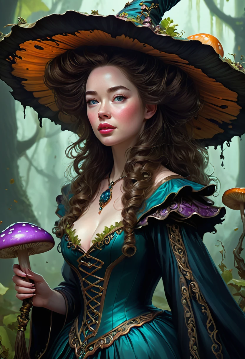 A fungus Witch. Anna Popplewell. Official Art, Award Winning Digital Painting, Digital Illustration, Extreme Detail, 4k, Ultra Hd, Rococo, Polished, Intricate, Realistic Fantasy Art, Sharp Focus, Concept Art, Art By Wlop, Artgerm, (2d Vector Illustration)
