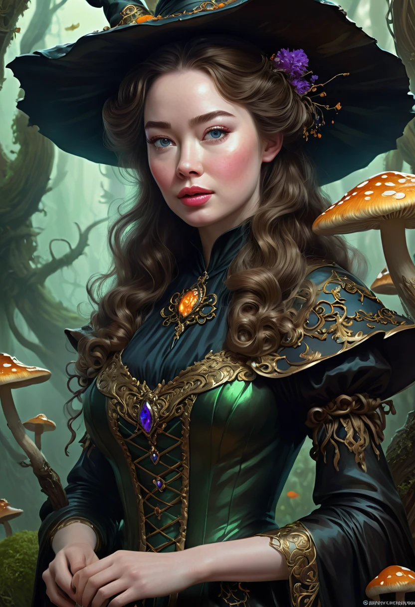 A fungus Witch. Anna Popplewell. Official Art, Award Winning Digital Painting, Digital Illustration, Extreme Detail, 4k, Ultra Hd, Rococo, Polished, Intricate, Realistic Fantasy Art, Sharp Focus, Concept Art, Art By Wlop, Artgerm, (2d Vector Illustration)
