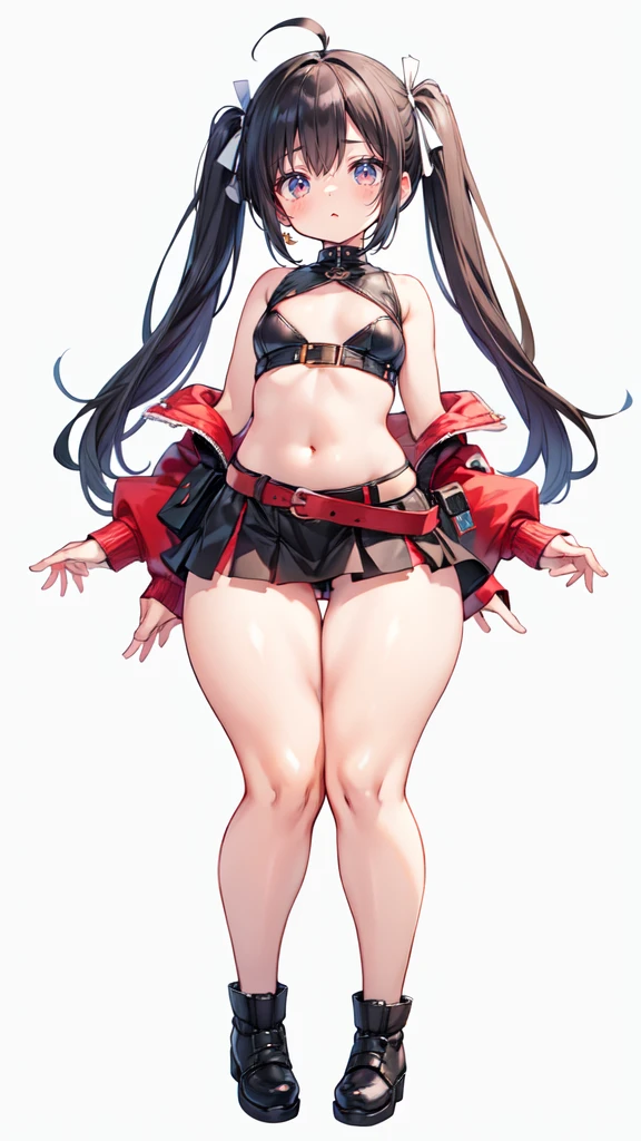 blank background, (((full body))), (masterpiece), ((best quality)), (very short girl), flat ?????, short twintail, (wide ????:1.4), (thick thighs:1.4), (very short skirt), toeless footwear, belt below navel, fanny packs, bags
