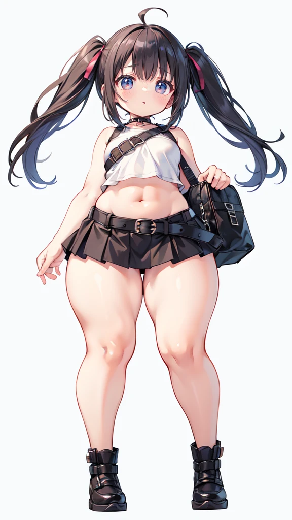 blank background, (((full body))), (masterpiece), ((best quality)), (very short girl), flat chest, short twintail, (wide hips:1.4), (thick thighs:1.4), (very short skirt), toeless footwear, belt below navel, fanny packs, bags