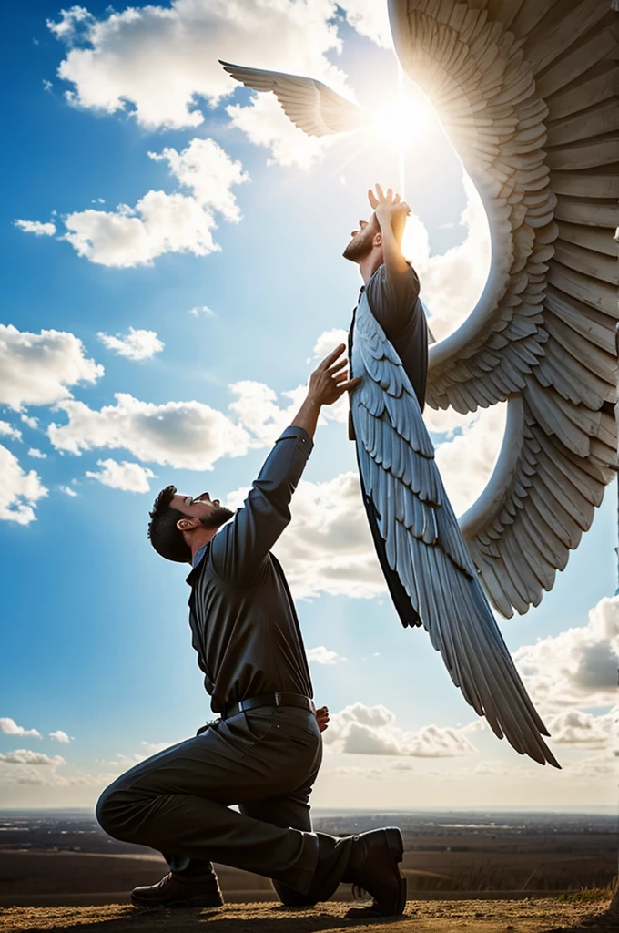 A scene showing a person hesitantly reaching out to touch the statue, their hand inches away from the cold, blackened bronze. The air is thick with tension, and the shadow of the angel seems to loom larger, as if warning them to stop